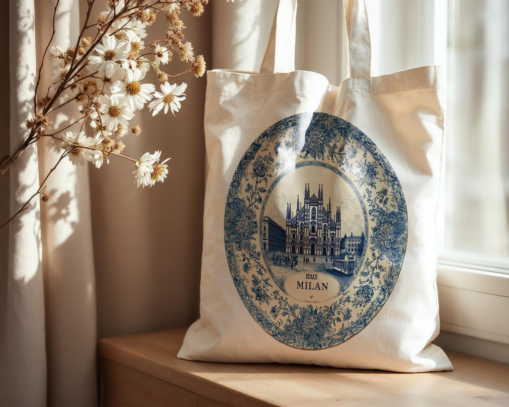 Milan Italy Tote Bag, Delft Style Personalized Destination, City Wedding Gift Souvenir Cotton
