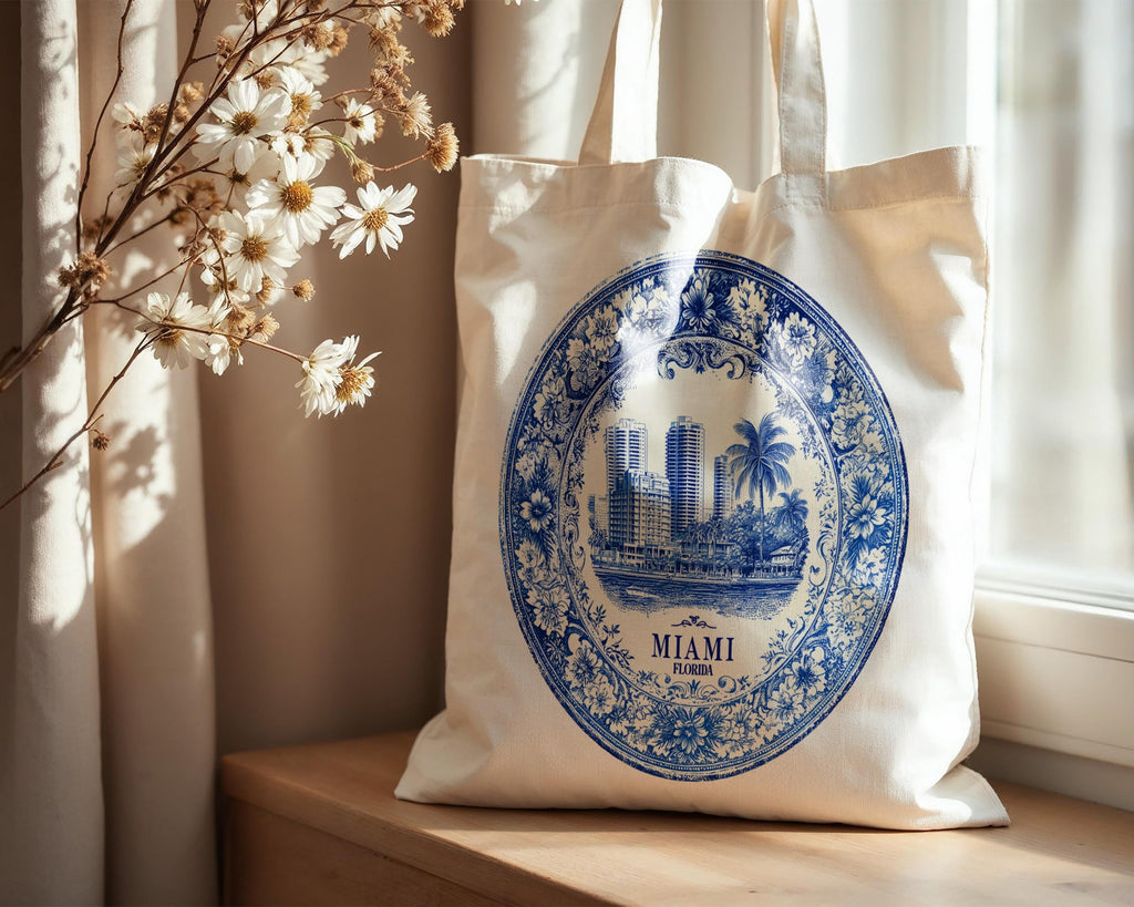 Miami Florida Tote Bag, Delft Style Personalized Destination, City Wedding Gift Souvenir Cotton
