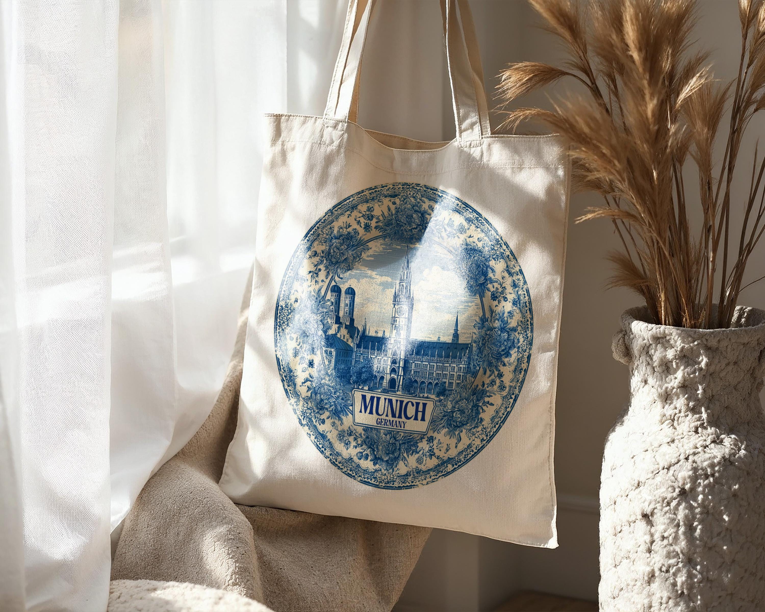 Munich Germany Tote Bag, Delft Style Personalized Destination, City Wedding Gift Souvenir Cotton