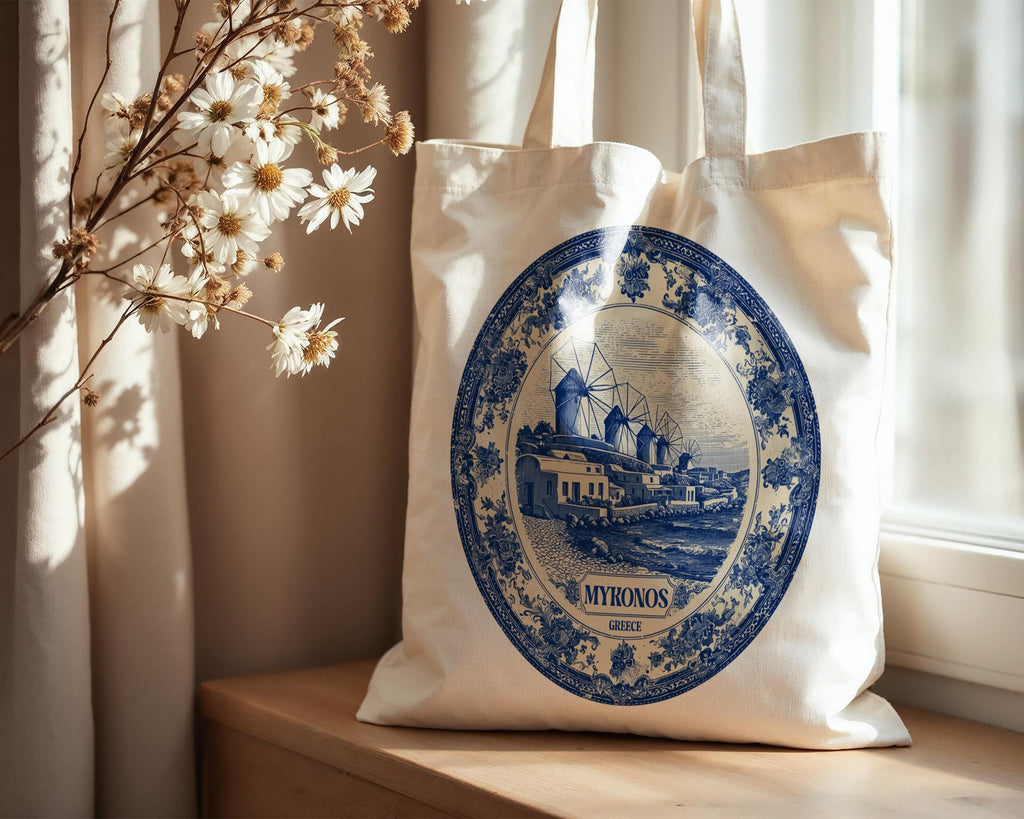 Mykonos Greece Tote Bag, Delft Style Personalized Destination, City Wedding Gift Souvenir Cotton