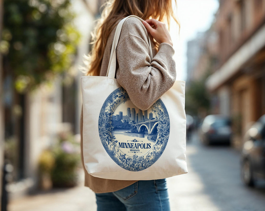 Minneapolis Minnesota Tote Bag, Delft Style Personalized Destination, City Wedding Gift Souvenir Cotton