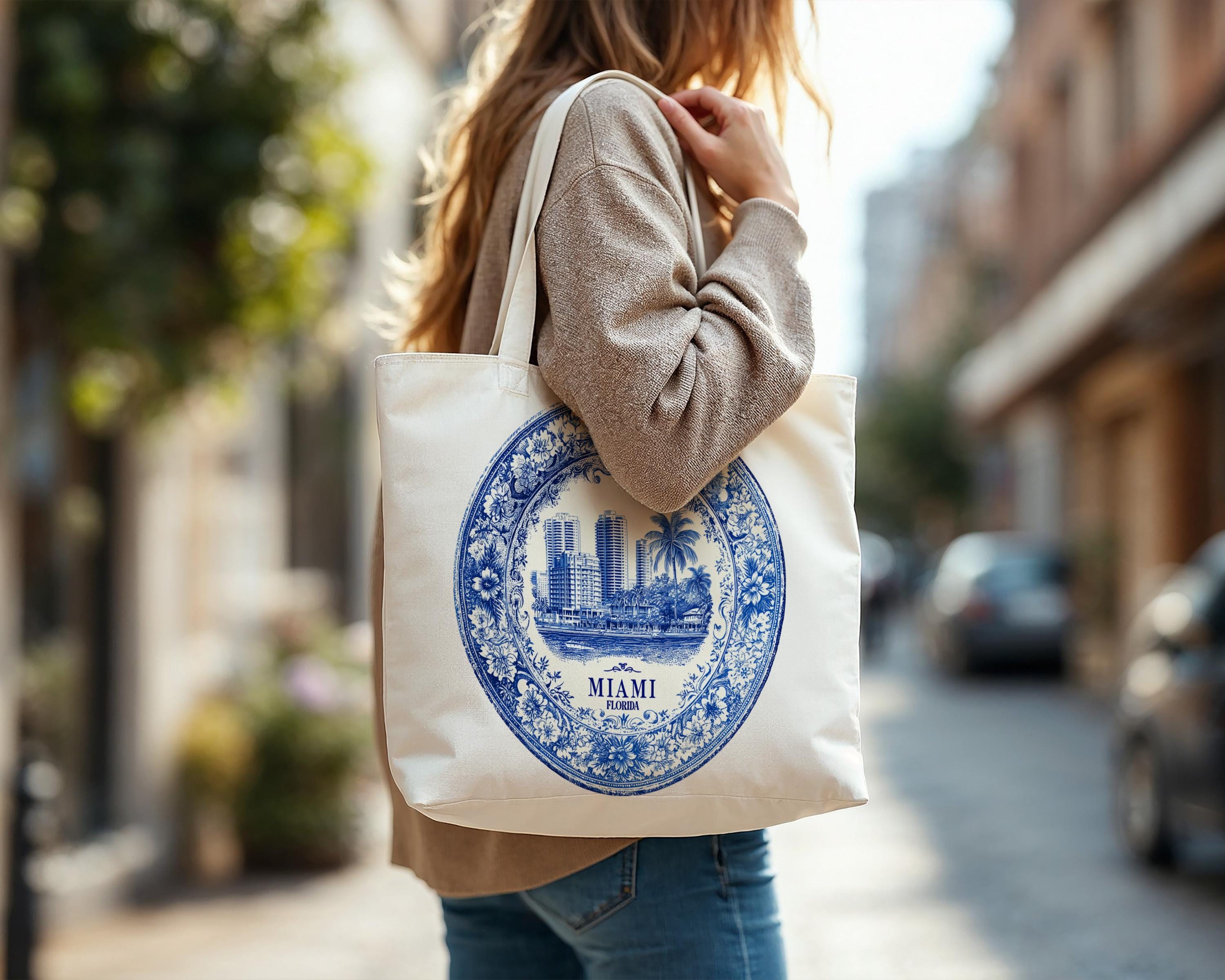 Miami Florida Tote Bag, Delft Style Personalized Destination, City Wedding Gift Souvenir Cotton