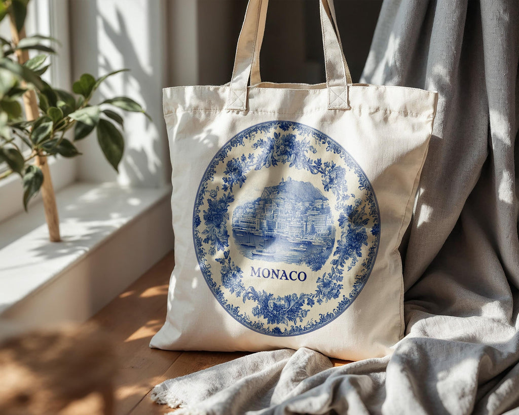 Monaco Tote Bag, Delft Style Personalized Destination, City Wedding Gift Souvenir Cotton