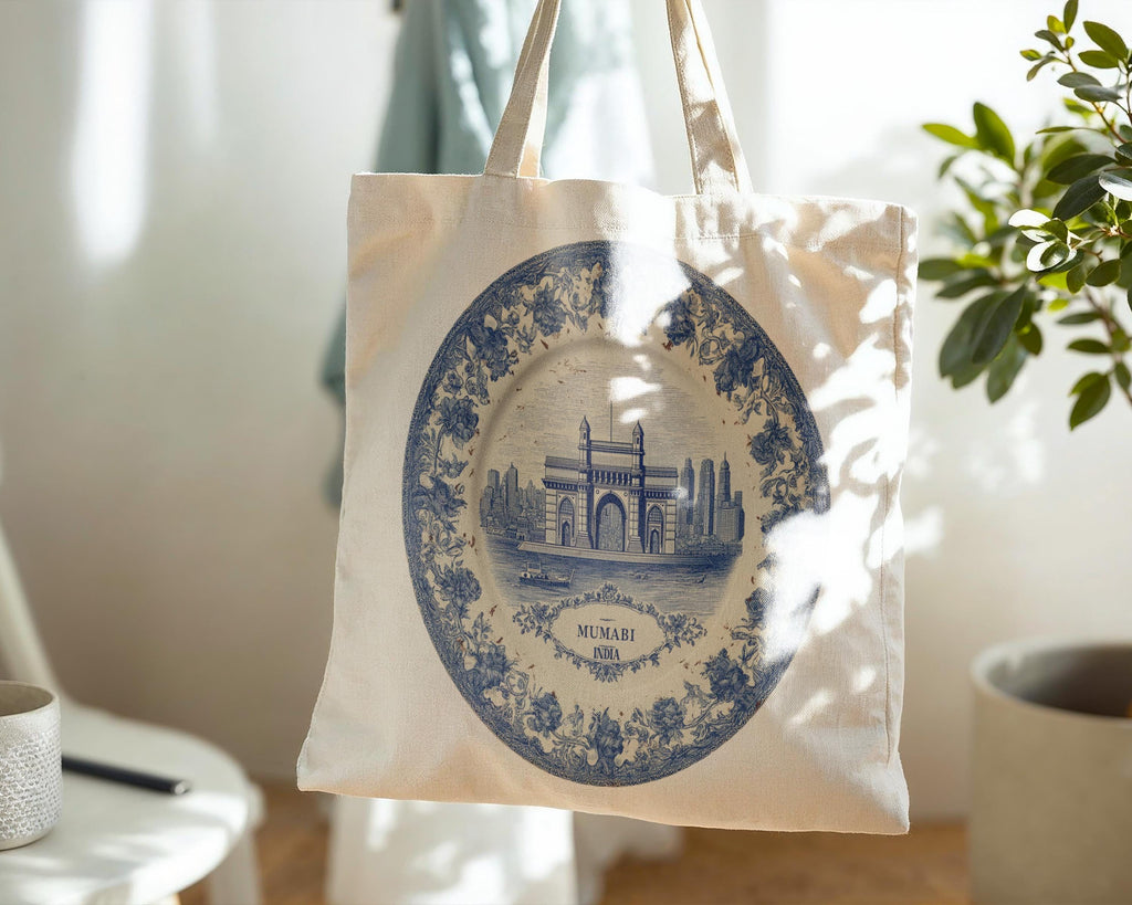 Mumbai India Tote Bag, Delft Style Personalized Destination, City Wedding Gift Souvenir Cotton