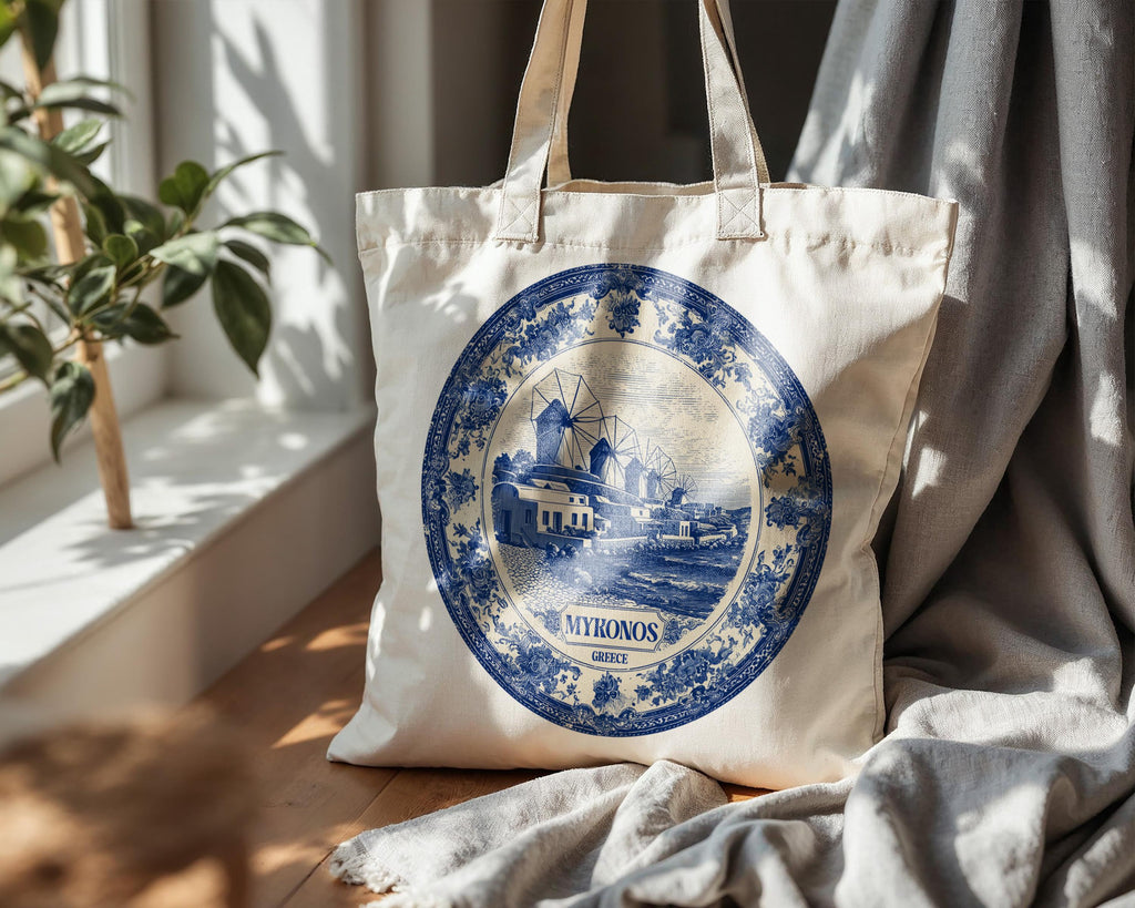 Mykonos Greece Tote Bag, Delft Style Personalized Destination, City Wedding Gift Souvenir Cotton