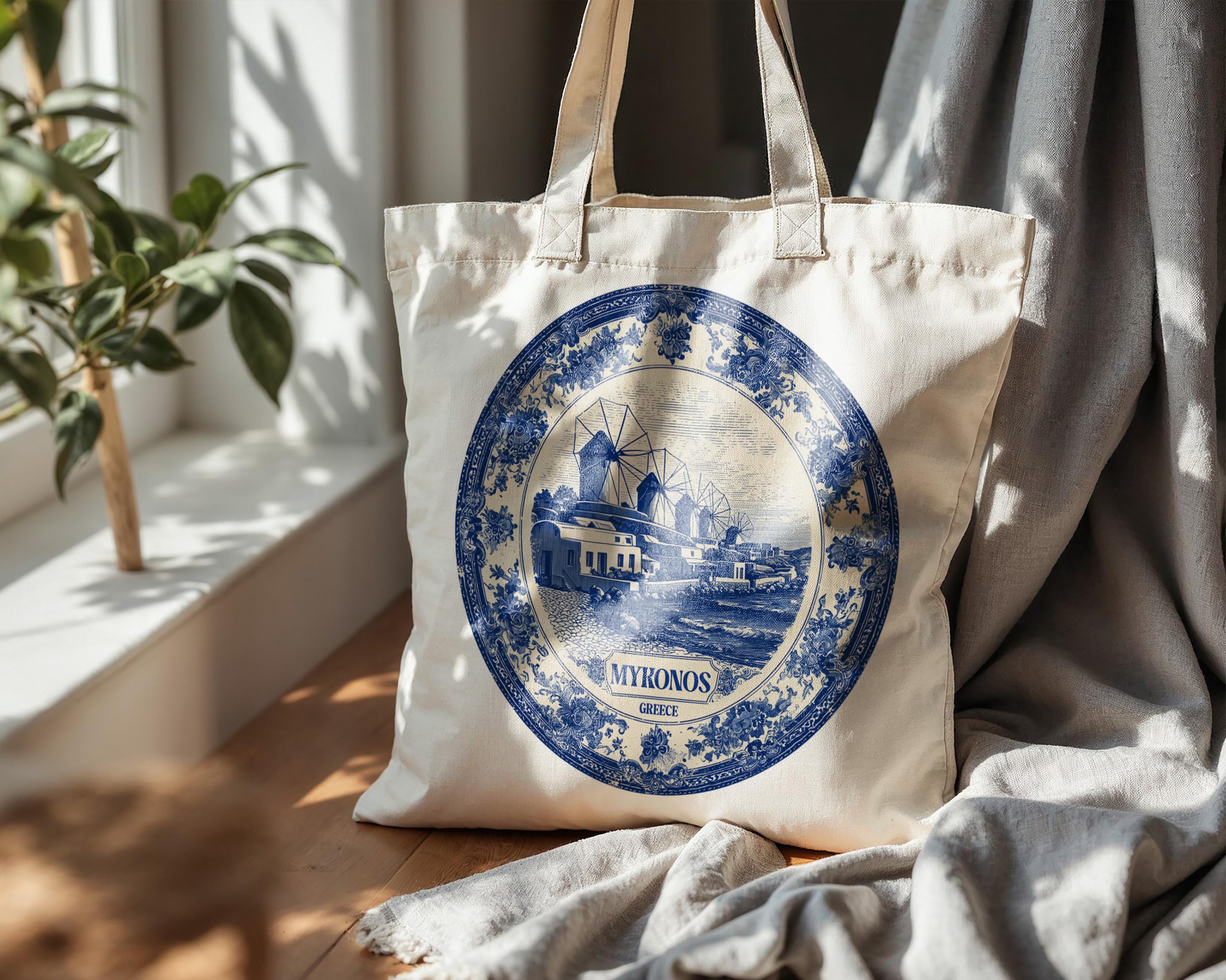 Mykonos Greece Tote Bag, Delft Style Personalized Destination, City Wedding Gift Souvenir Cotton
