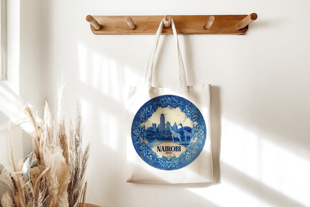 Nairobi Kenya Tote Bag, Delft Style Personalized Destination, City Wedding Gift Souvenir Cotton