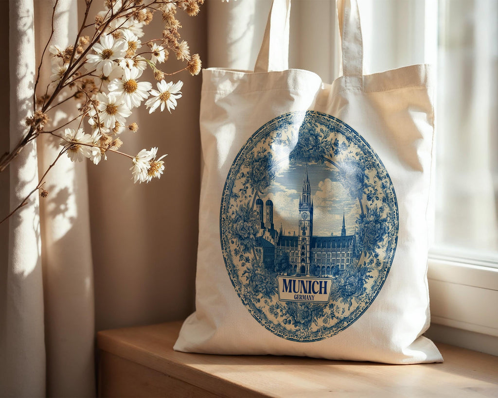 Munich Germany Tote Bag, Delft Style Personalized Destination, City Wedding Gift Souvenir Cotton
