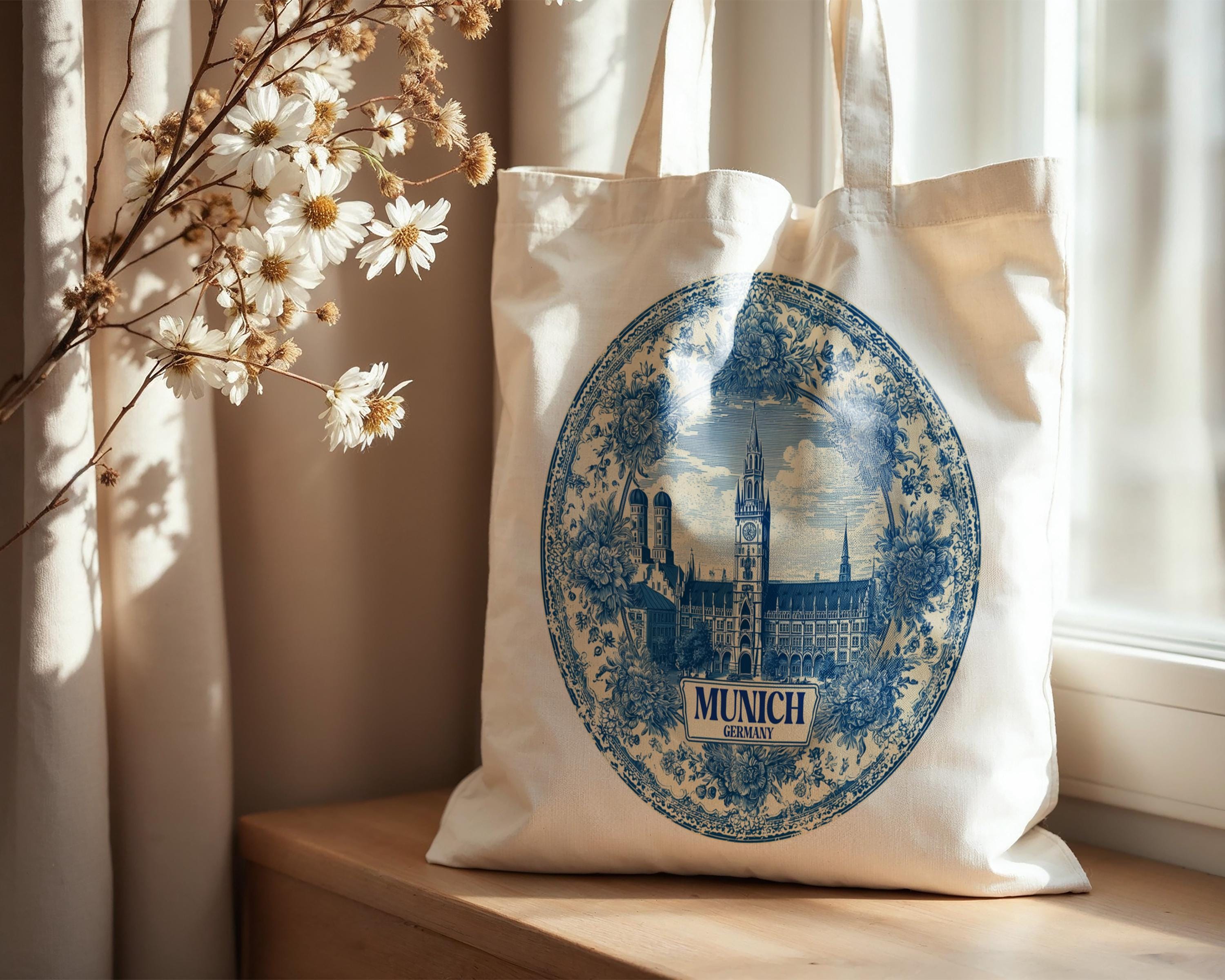 Munich Germany Tote Bag, Delft Style Personalized Destination, City Wedding Gift Souvenir Cotton