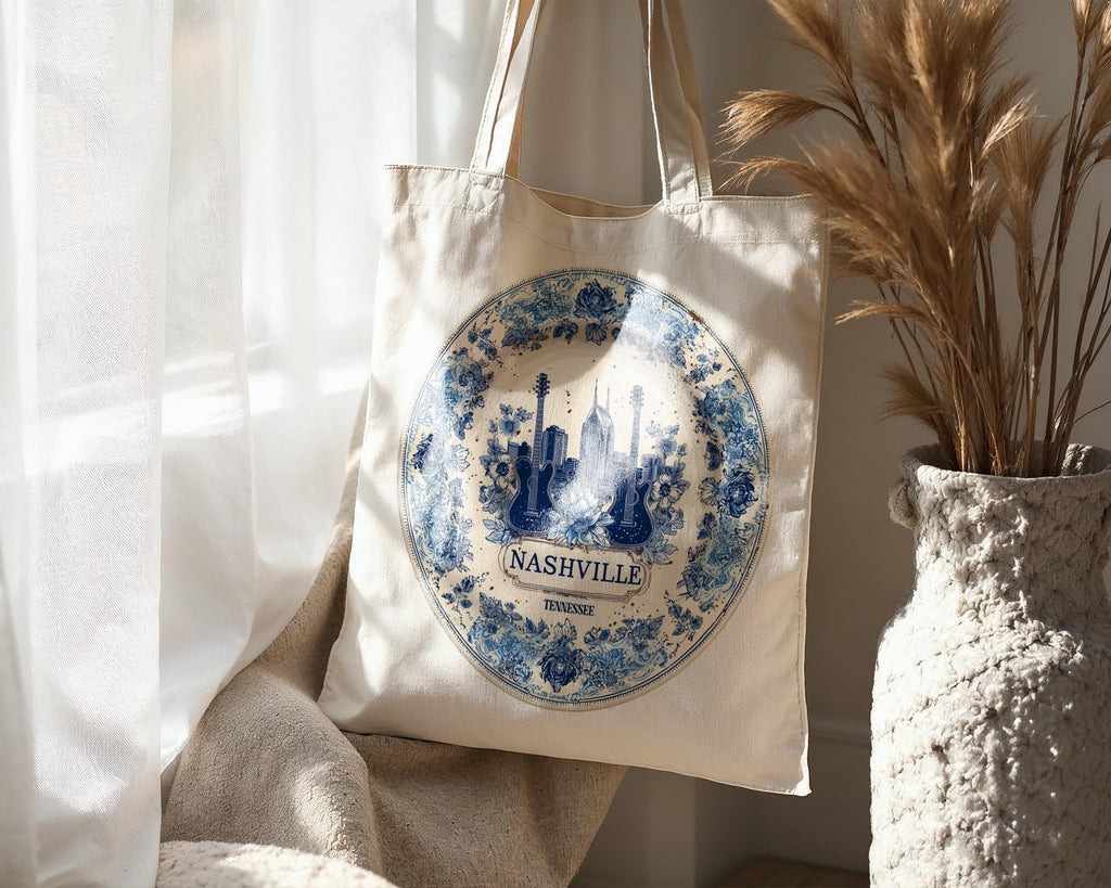 Nashville Tennessee Tote Bag, Delft Style Personalized Destination, City Wedding Gift Souvenir Cotton