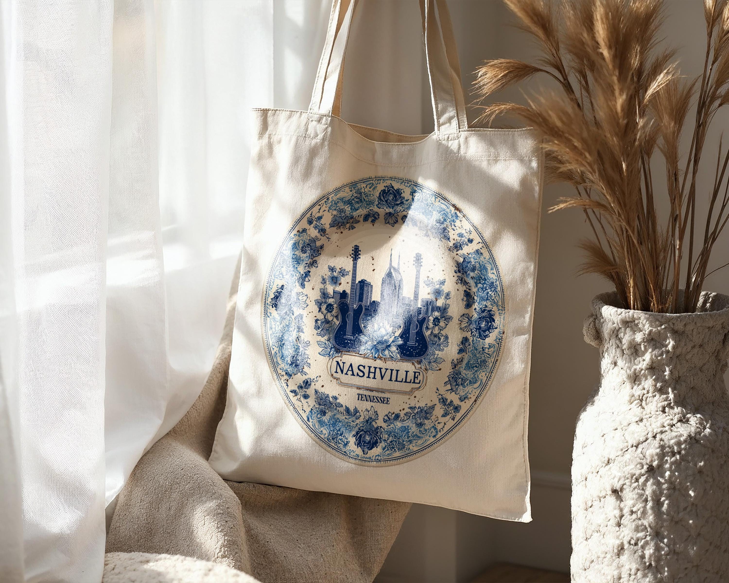 Nashville Tennessee Tote Bag, Delft Style Personalized Destination, City Wedding Gift Souvenir Cotton