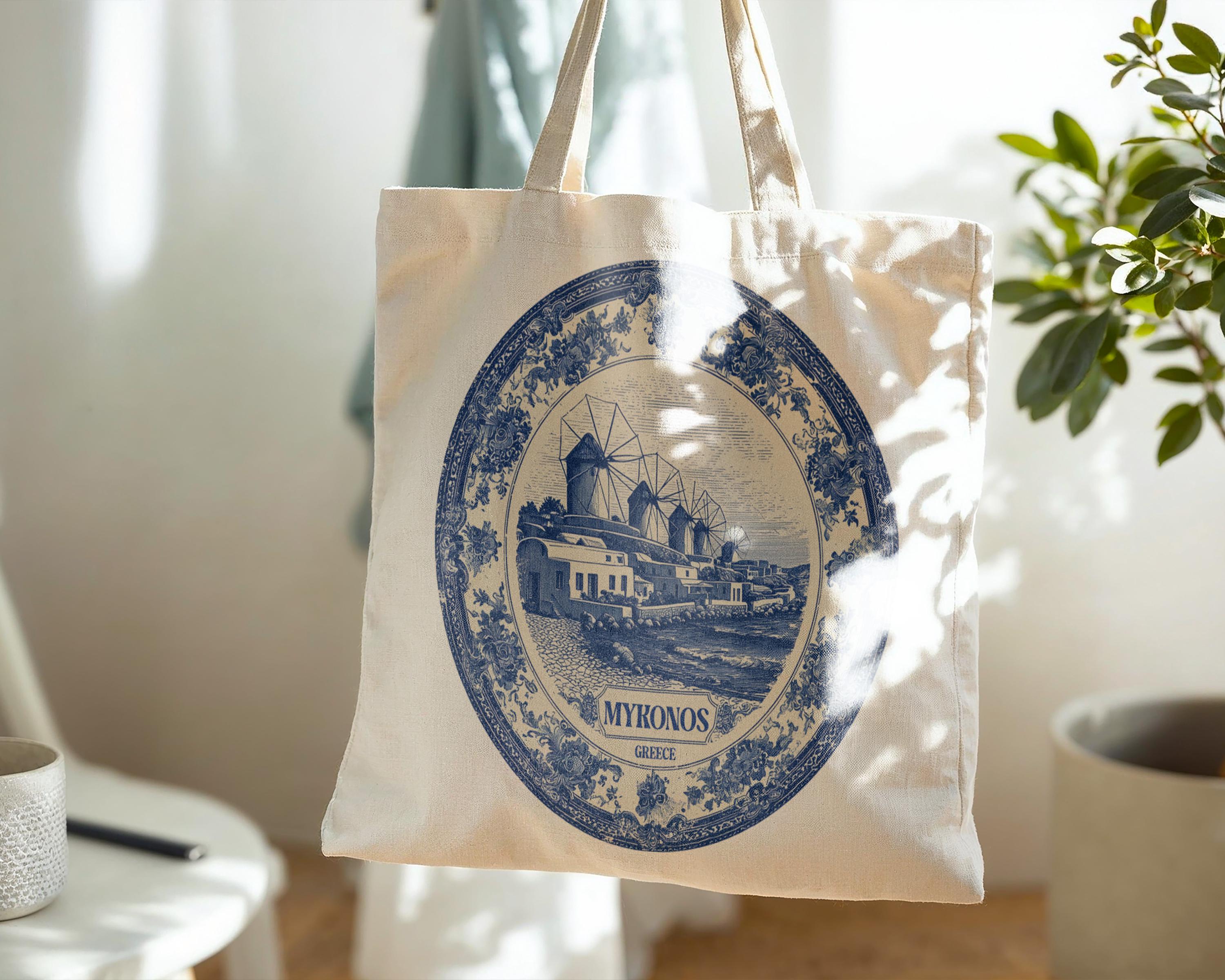 Mykonos Greece Tote Bag, Delft Style Personalized Destination, City Wedding Gift Souvenir Cotton