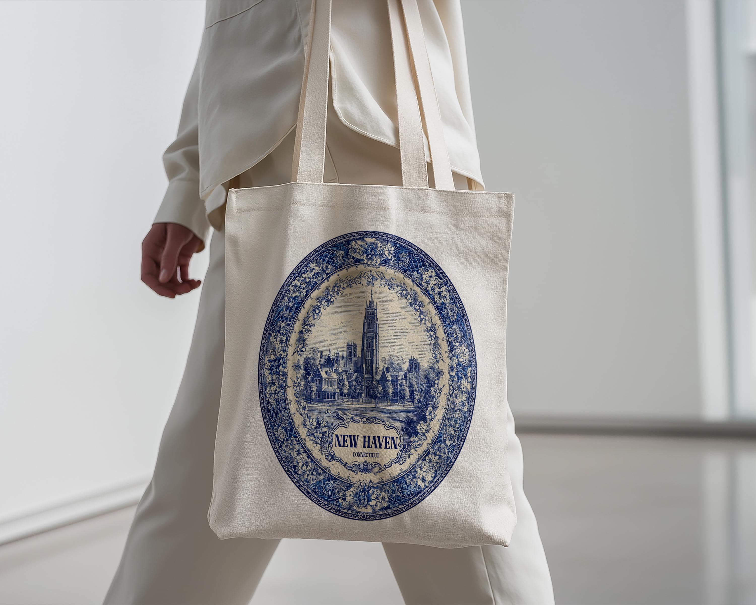 New Haven Connecticut Tote Bag, Delft Style Personalized Destination, City Wedding Gift Souvenir Cotton