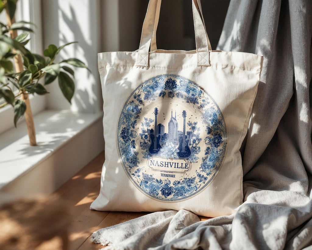 Nashville Tennessee Tote Bag, Delft Style Personalized Destination, City Wedding Gift Souvenir Cotton
