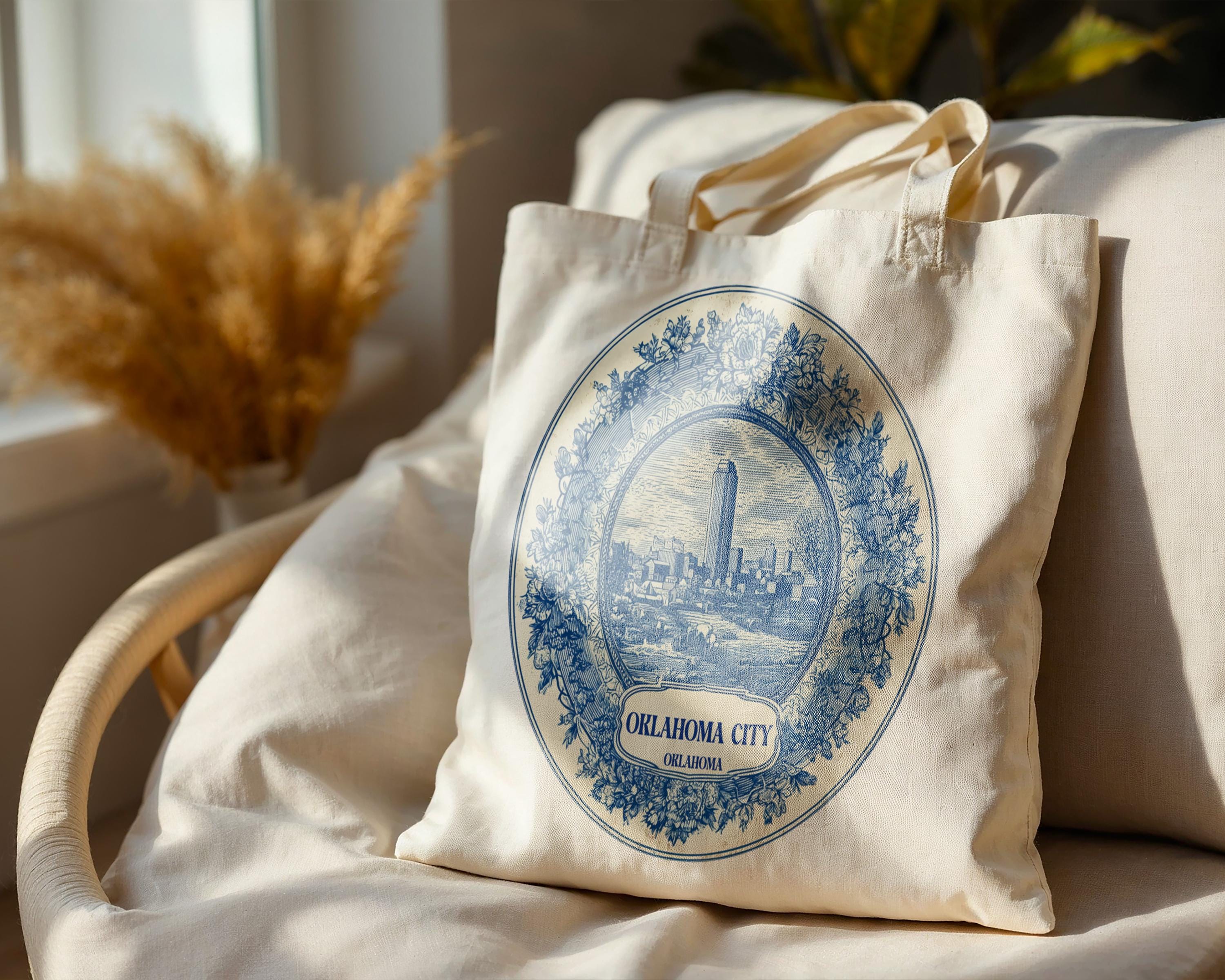 Oklahoma City Tote Bag, Delft Style Personalized Destination, City Wedding Gift Souvenir Cotton