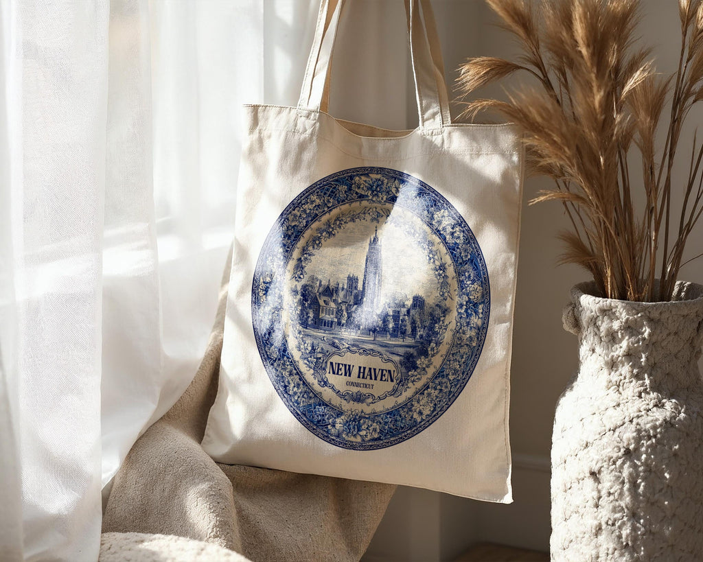 New Haven Connecticut Tote Bag, Delft Style Personalized Destination, City Wedding Gift Souvenir Cotton
