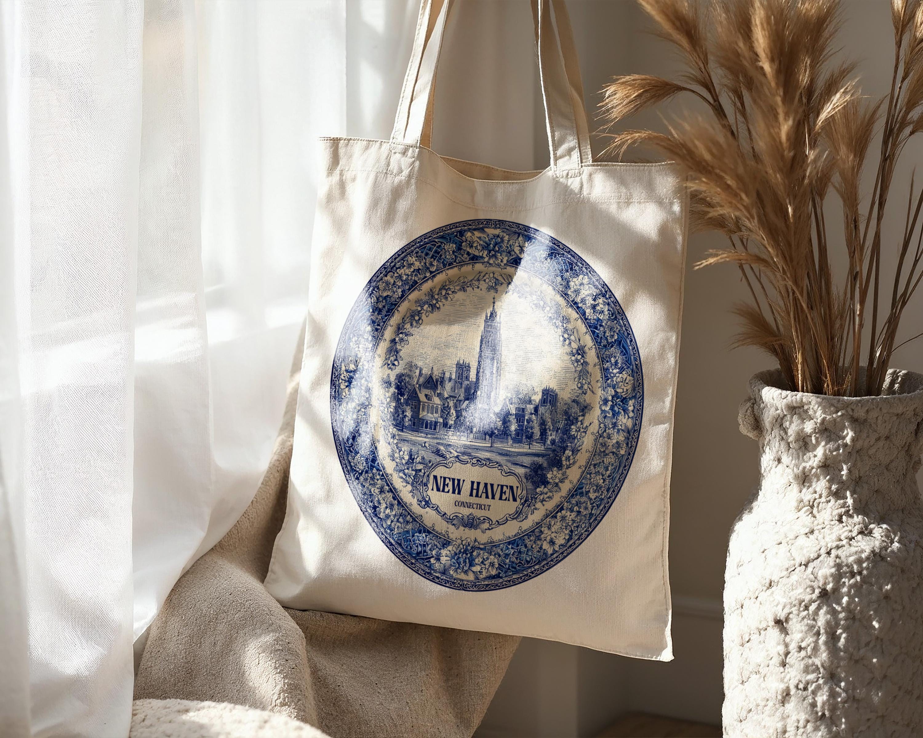 New Haven Connecticut Tote Bag, Delft Style Personalized Destination, City Wedding Gift Souvenir Cotton