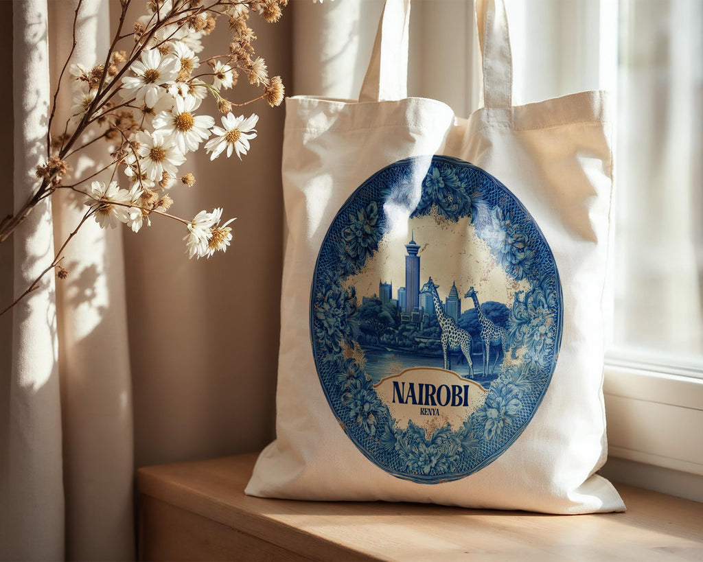Nairobi Kenya Tote Bag, Delft Style Personalized Destination, City Wedding Gift Souvenir Cotton