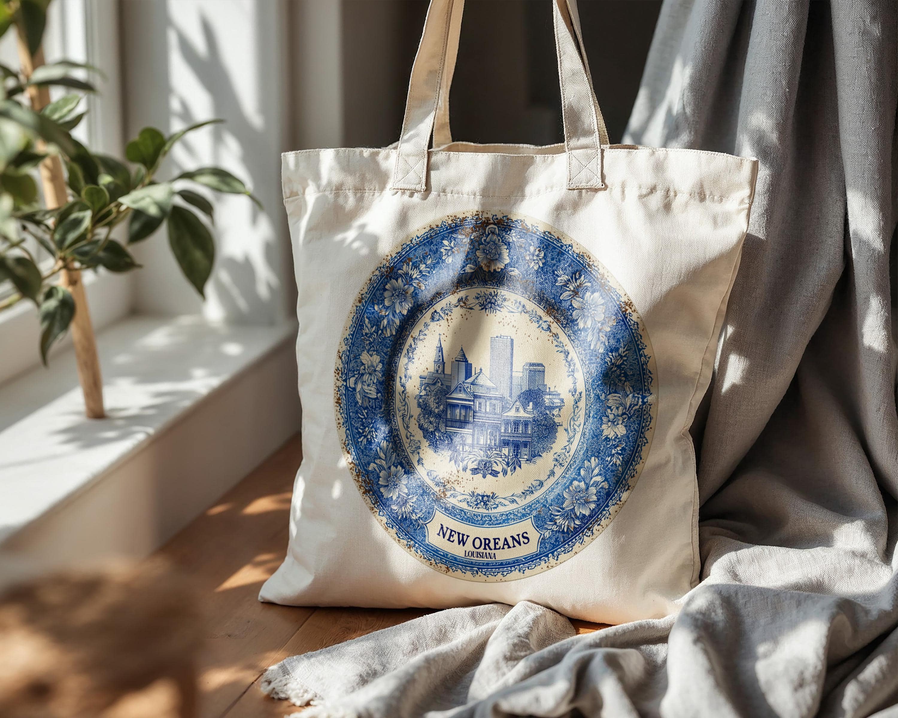 New Orleans Louisiana Tote Bag, Delft Style Personalized Destination, City Wedding Gift Souvenir Cotton