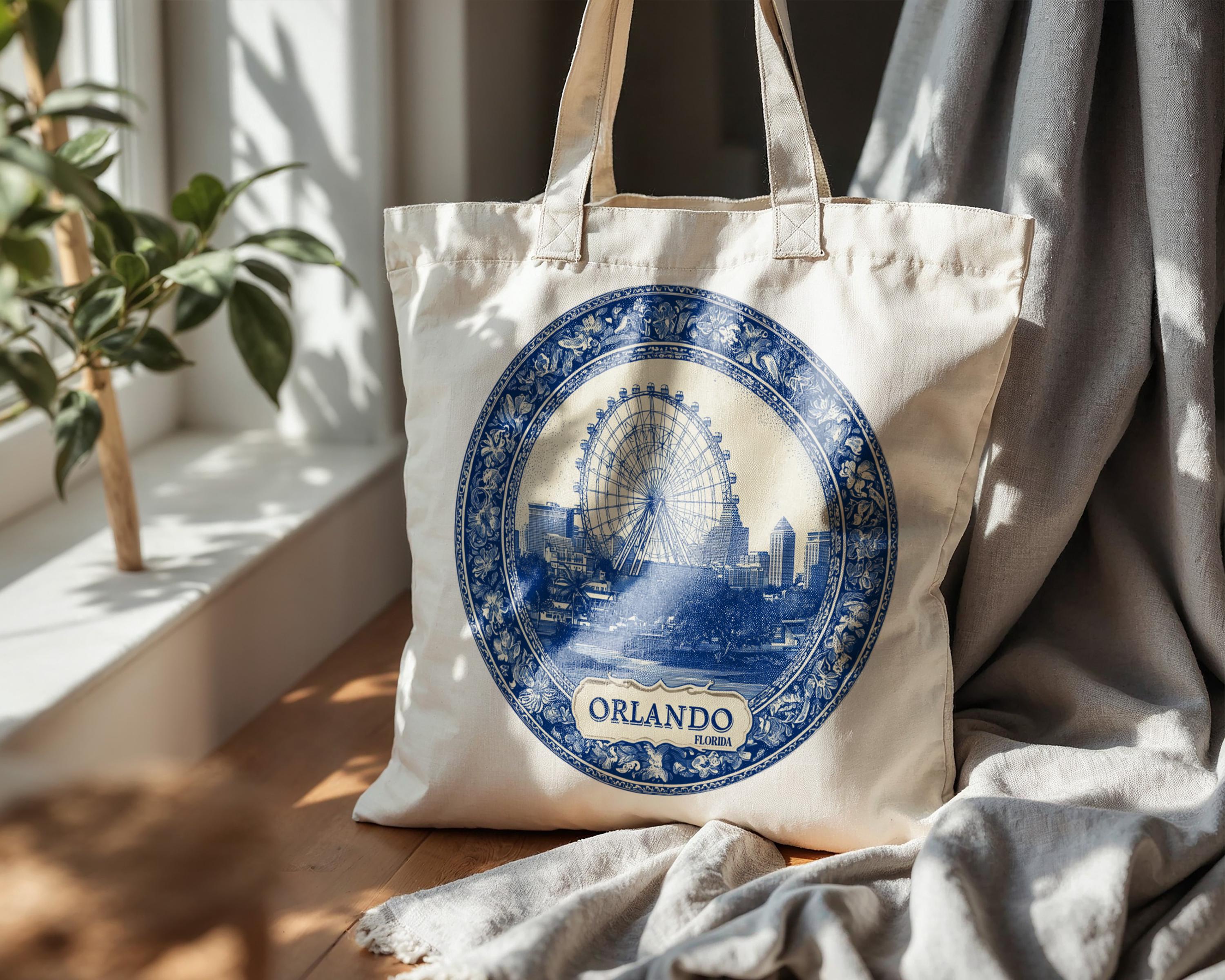 Orlando Florida Tote Bag, Delft Style Personalized Destination, City Wedding Gift Souvenir Cotton