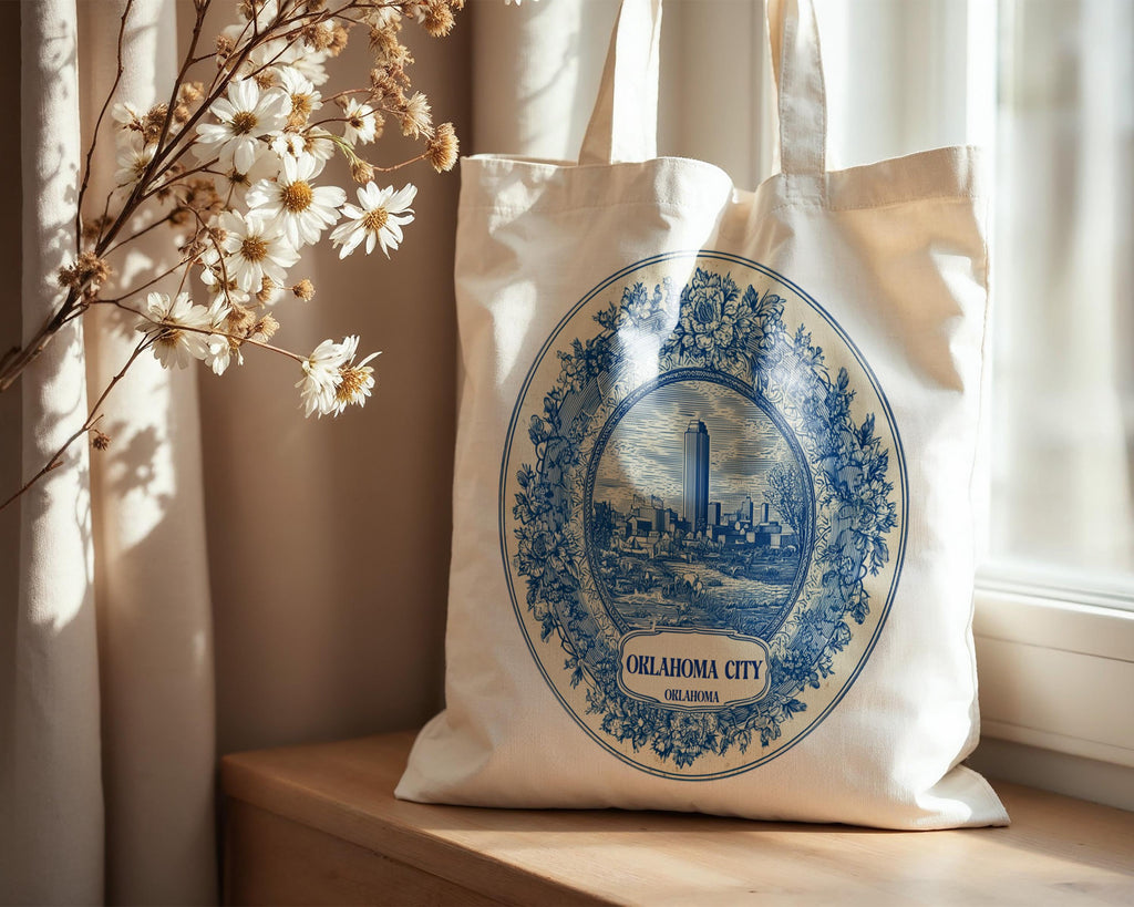 Oklahoma City Tote Bag, Delft Style Personalized Destination, City Wedding Gift Souvenir Cotton