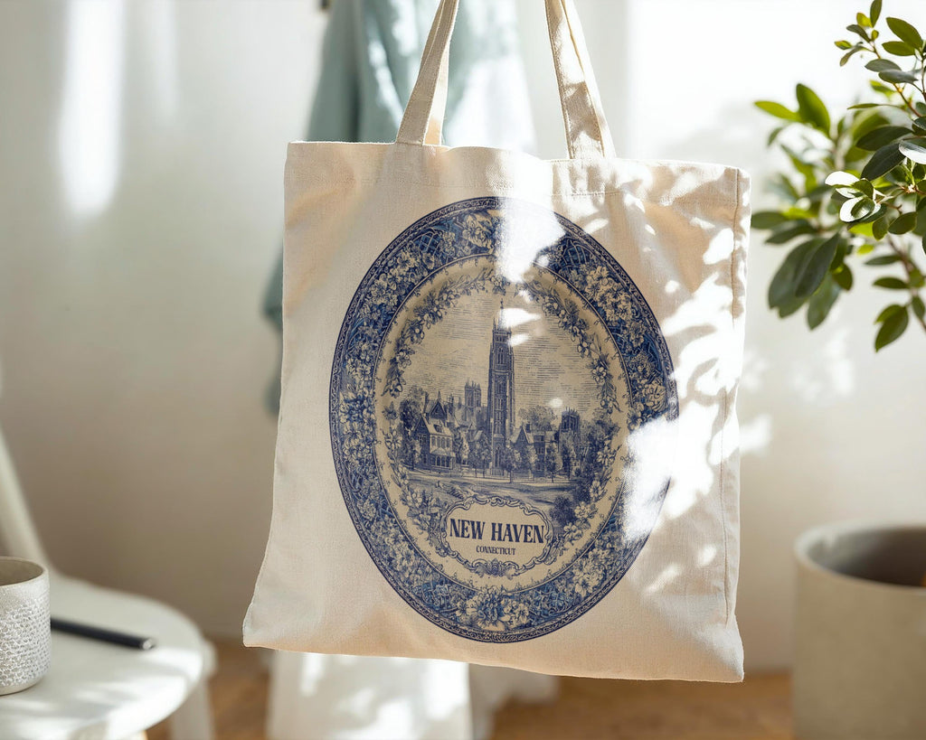 New Haven Connecticut Tote Bag, Delft Style Personalized Destination, City Wedding Gift Souvenir Cotton