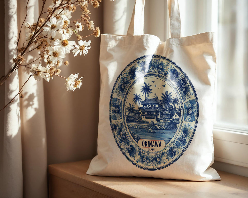 Okinawa Japan Tote Bag, Delft Style Personalized Destination, City Wedding Gift Souvenir Cotton