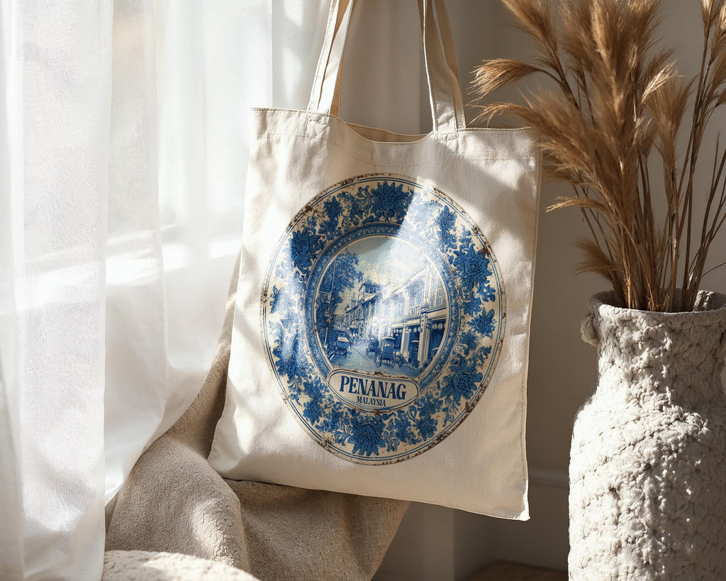 Penang Malaysia Tote Bag, Delft Style Personalized Destination, City Wedding Gift Souvenir Cotton