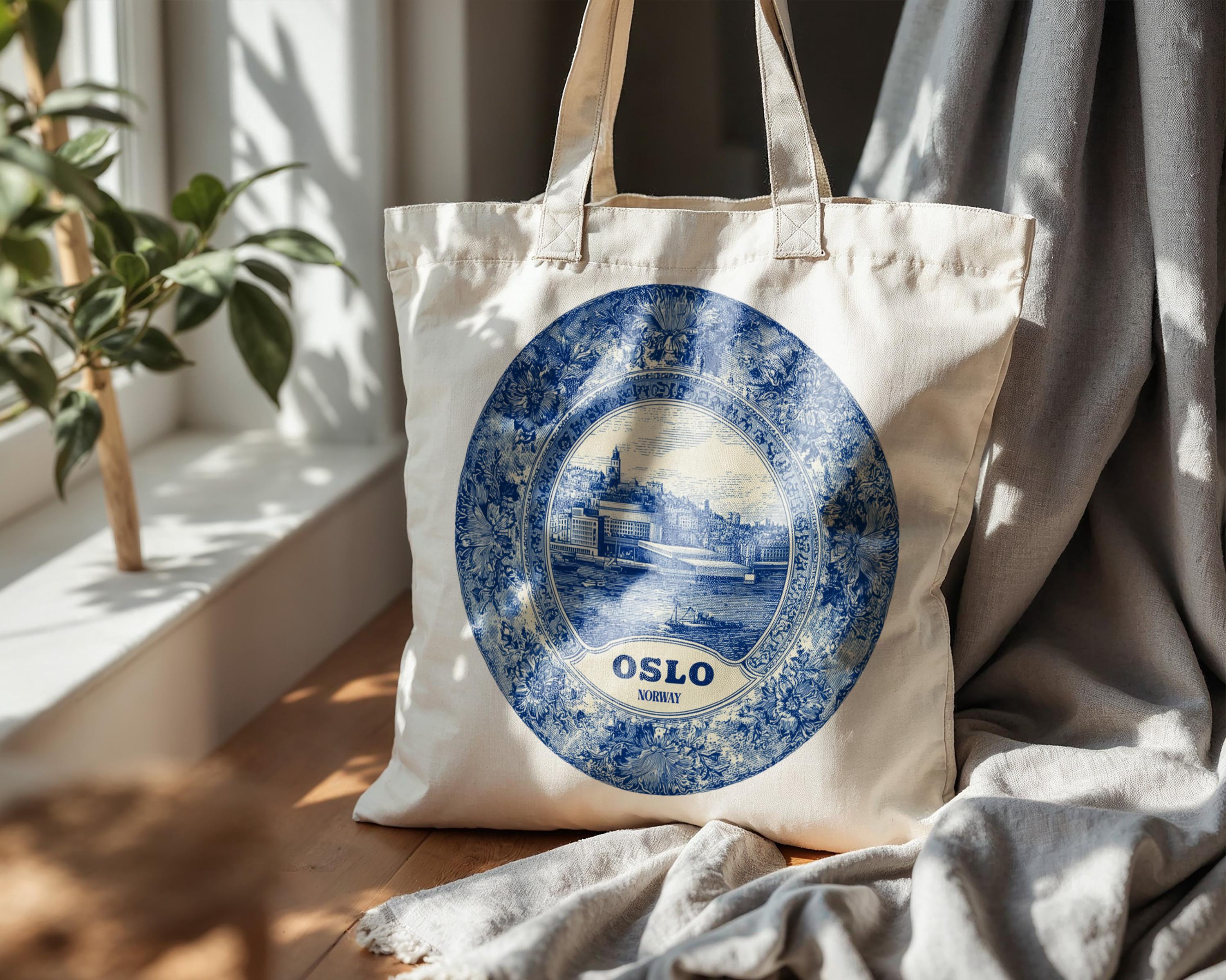 Oslo Norway Tote Bag, Delft Style Personalized Destination, City Wedding Gift Souvenir Cotton