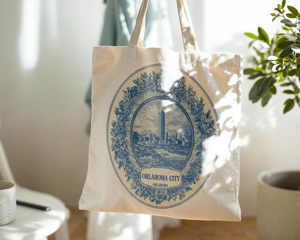 Oklahoma City Tote Bag, Delft Style Personalized Destination, City Wedding Gift Souvenir Cotton