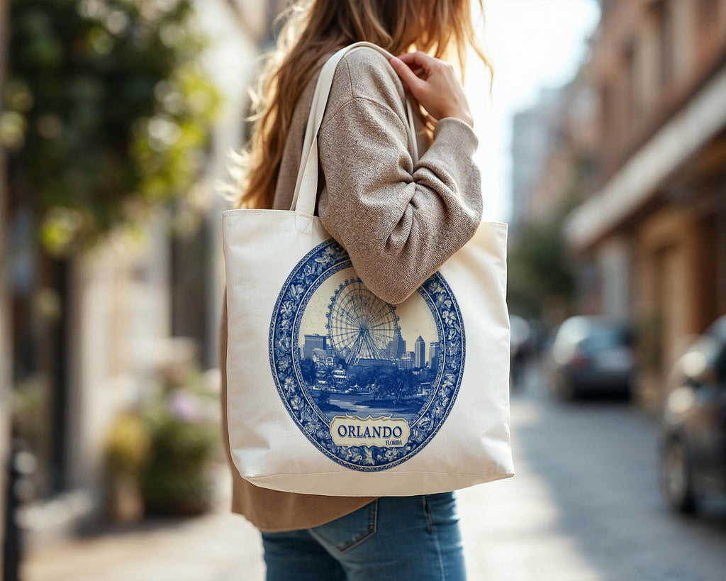 Orlando Florida Tote Bag, Delft Style Personalized Destination, City Wedding Gift Souvenir Cotton
