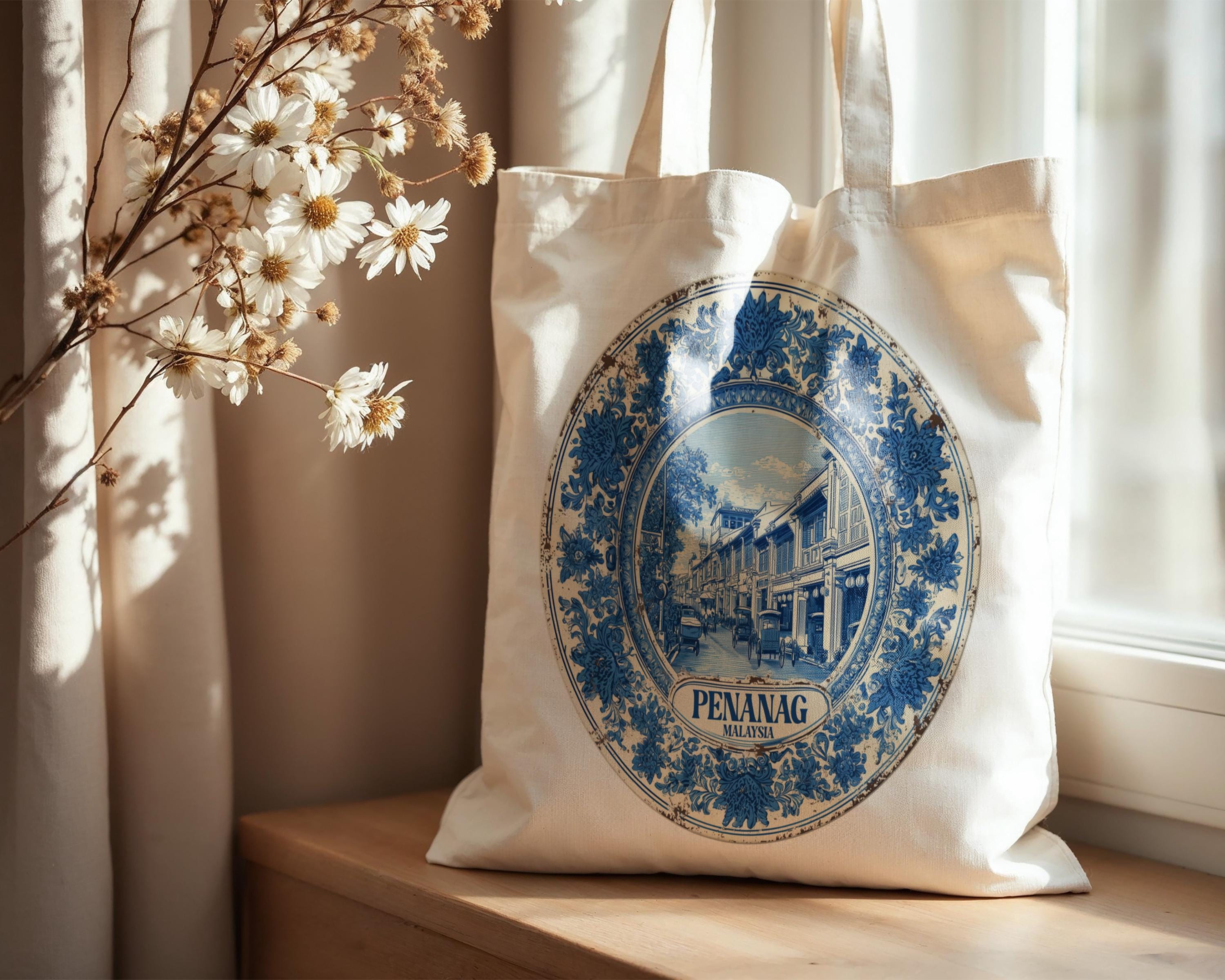 Penang Malaysia Tote Bag, Delft Style Personalized Destination, City Wedding Gift Souvenir Cotton
