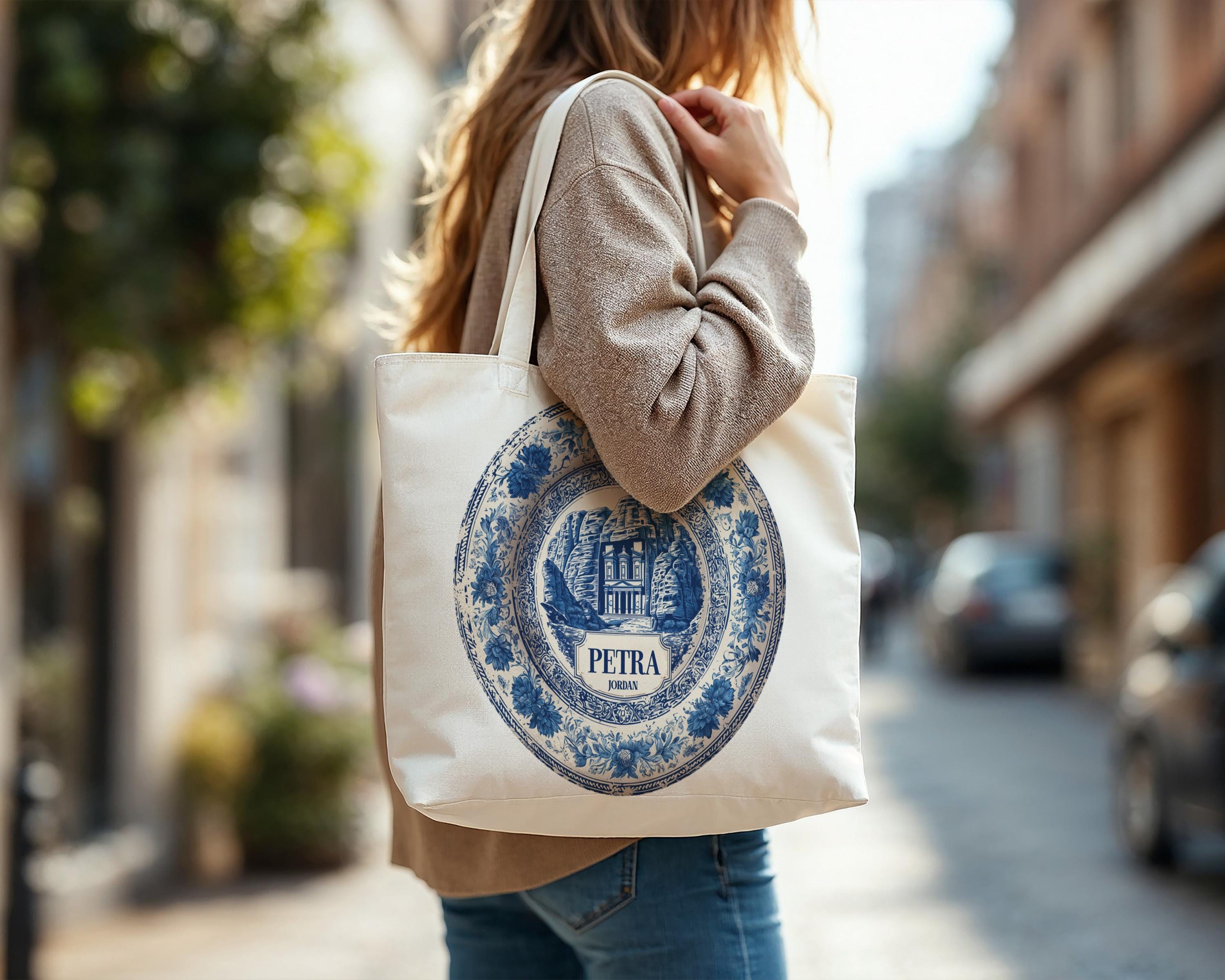 Petra Jordan Tote Bag, Delft Style Personalized Destination, City Wedding Gift Souvenir Cotton