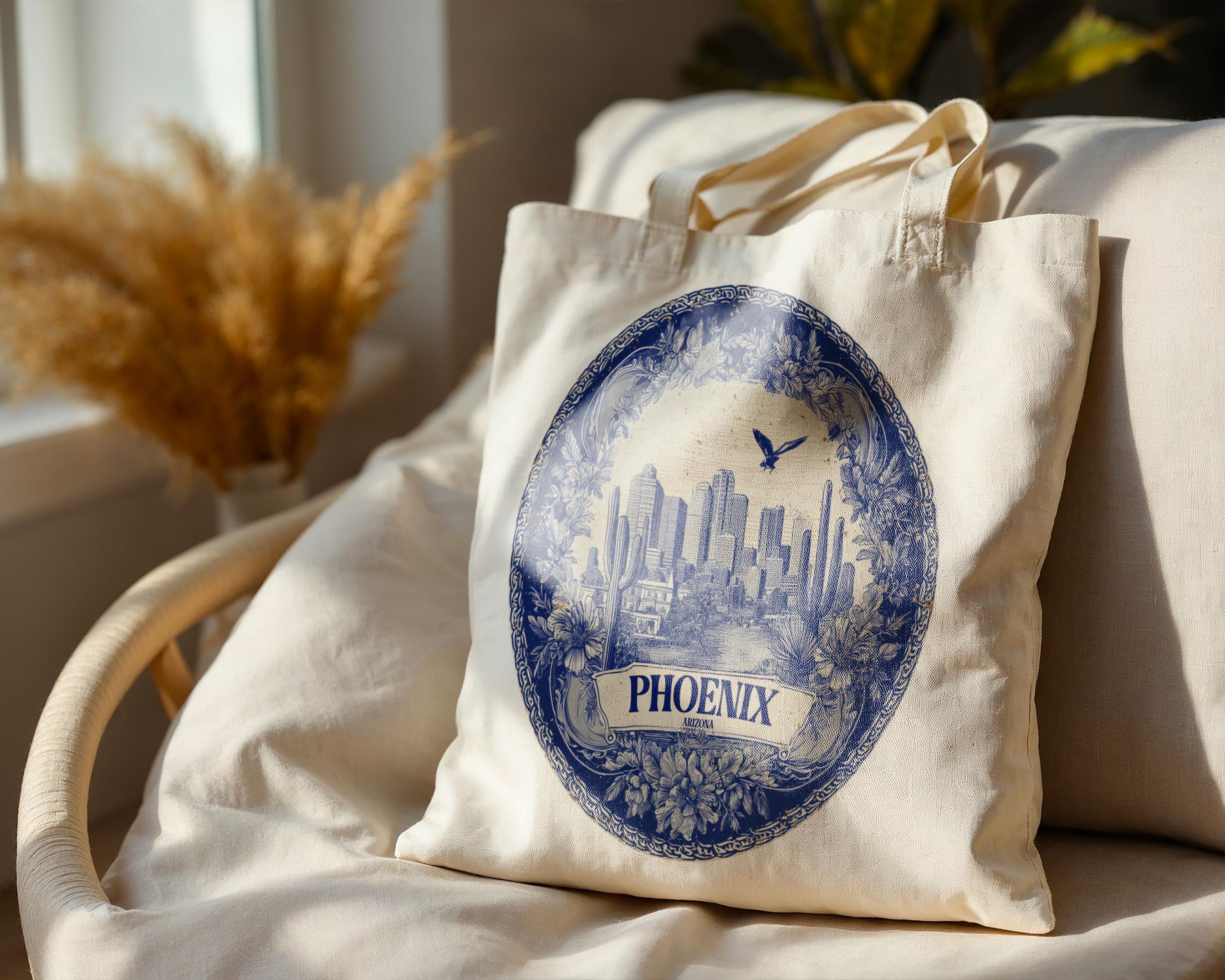 Phoenix Arizona Tote Bag, Delft Style Personalized Destination, City Wedding Gift Souvenir Cotton