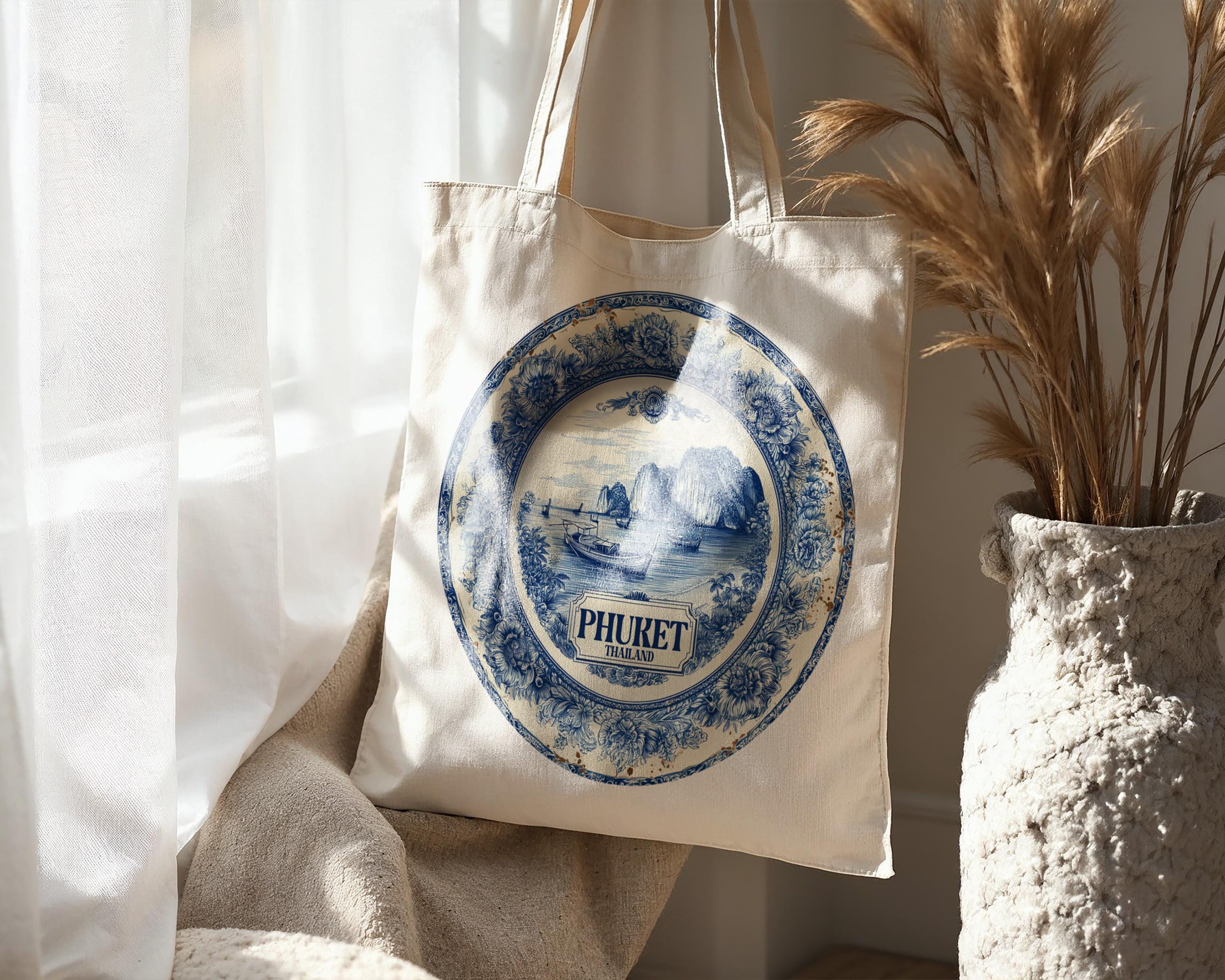 Phuket Thailand Tote Bag, Delft Style Personalized Destination, City Wedding Gift Souvenir Cotton