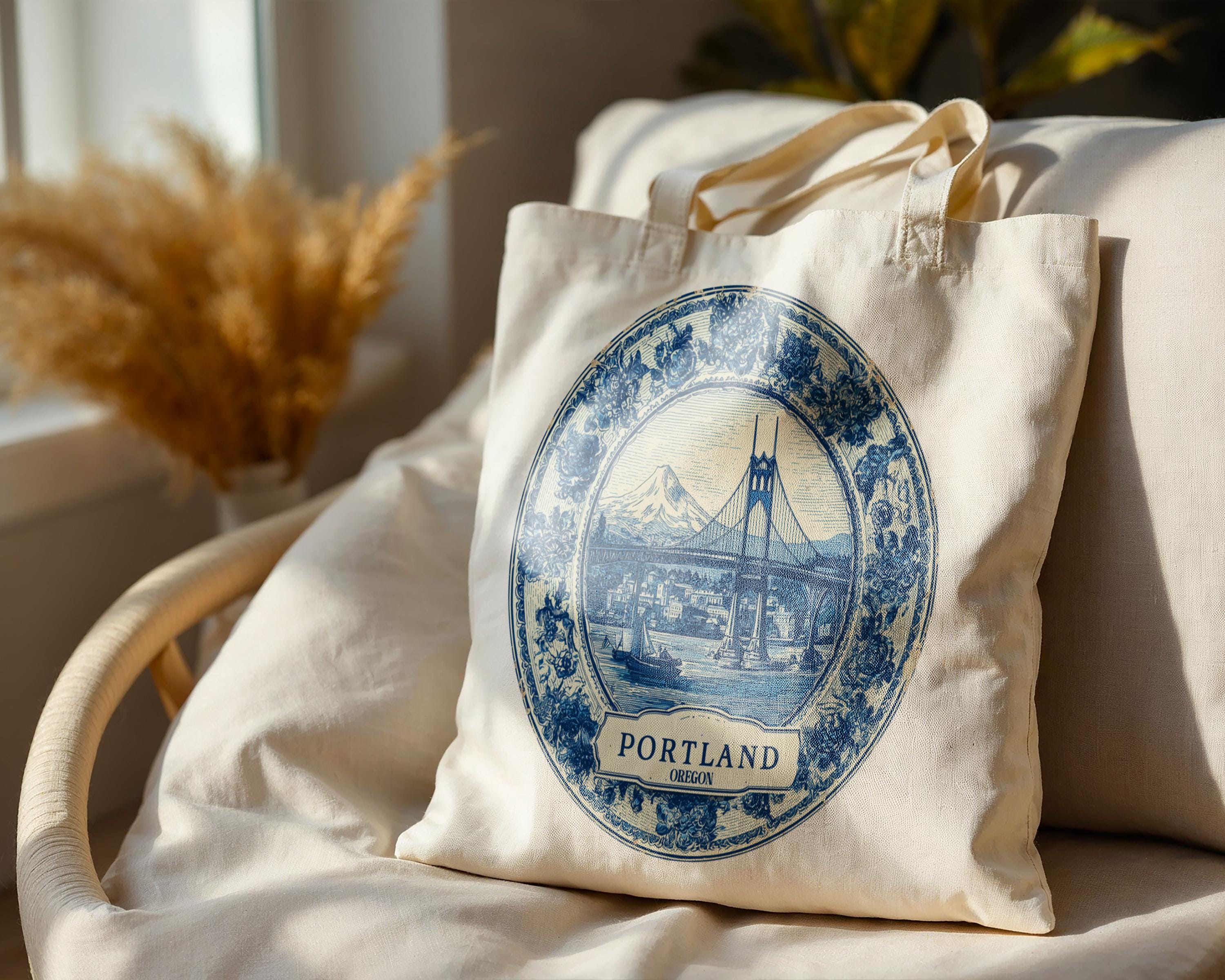 Portland Oregon Tote Bag, Delft Style Personalized Destination, City Wedding Gift Souvenir Cotton
