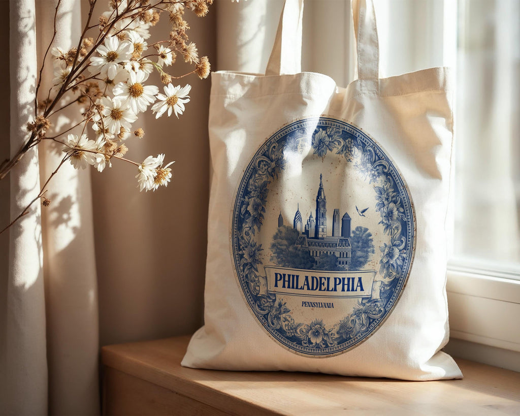 Philadelphia Pennsylvania Tote Bag, Delft Style Personalized Destination, City Wedding Gift Souvenir Cotton