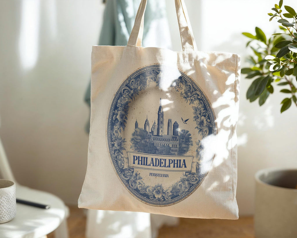 Philadelphia Pennsylvania Tote Bag, Delft Style Personalized Destination, City Wedding Gift Souvenir Cotton