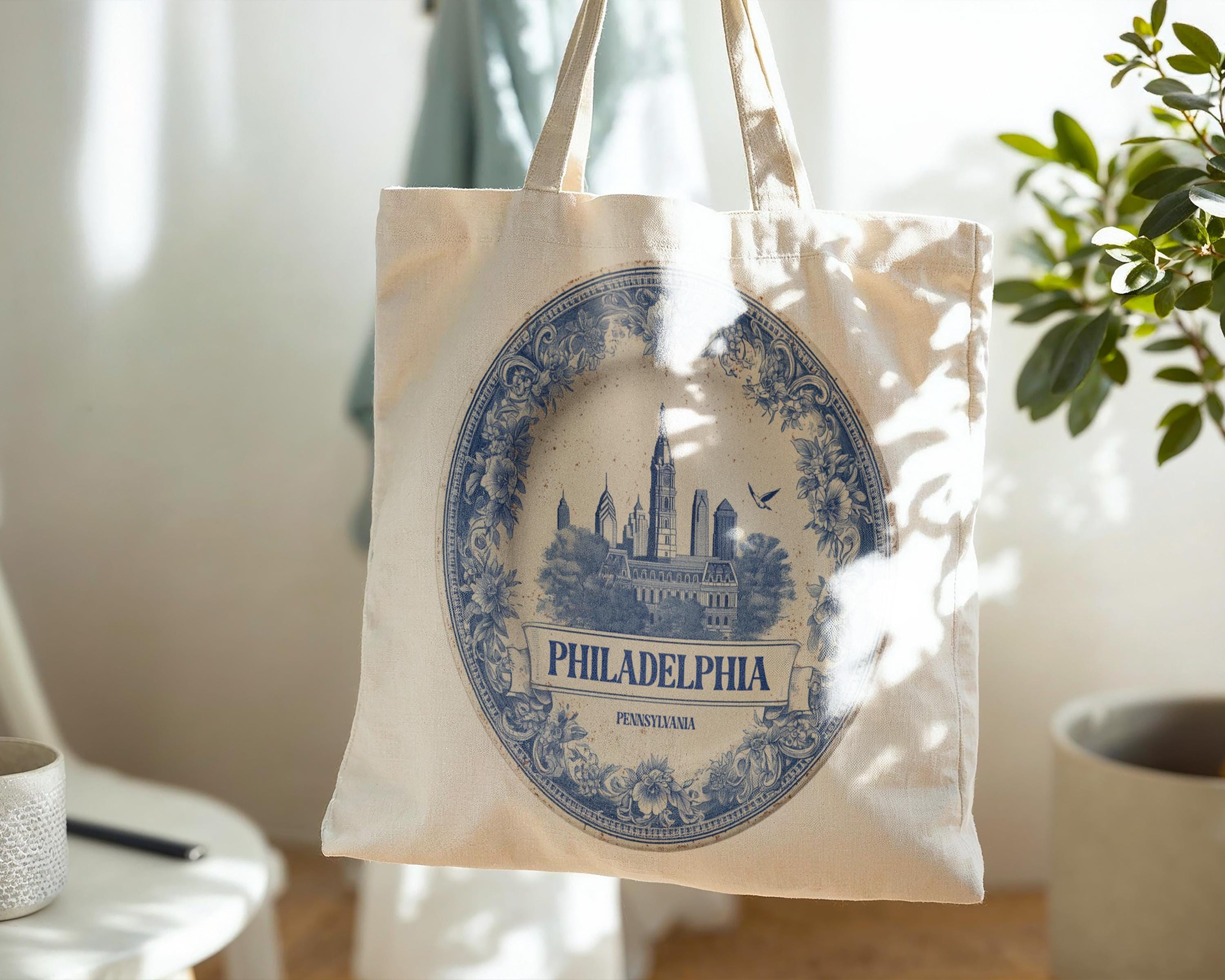 Philadelphia Pennsylvania Tote Bag, Delft Style Personalized Destination, City Wedding Gift Souvenir Cotton