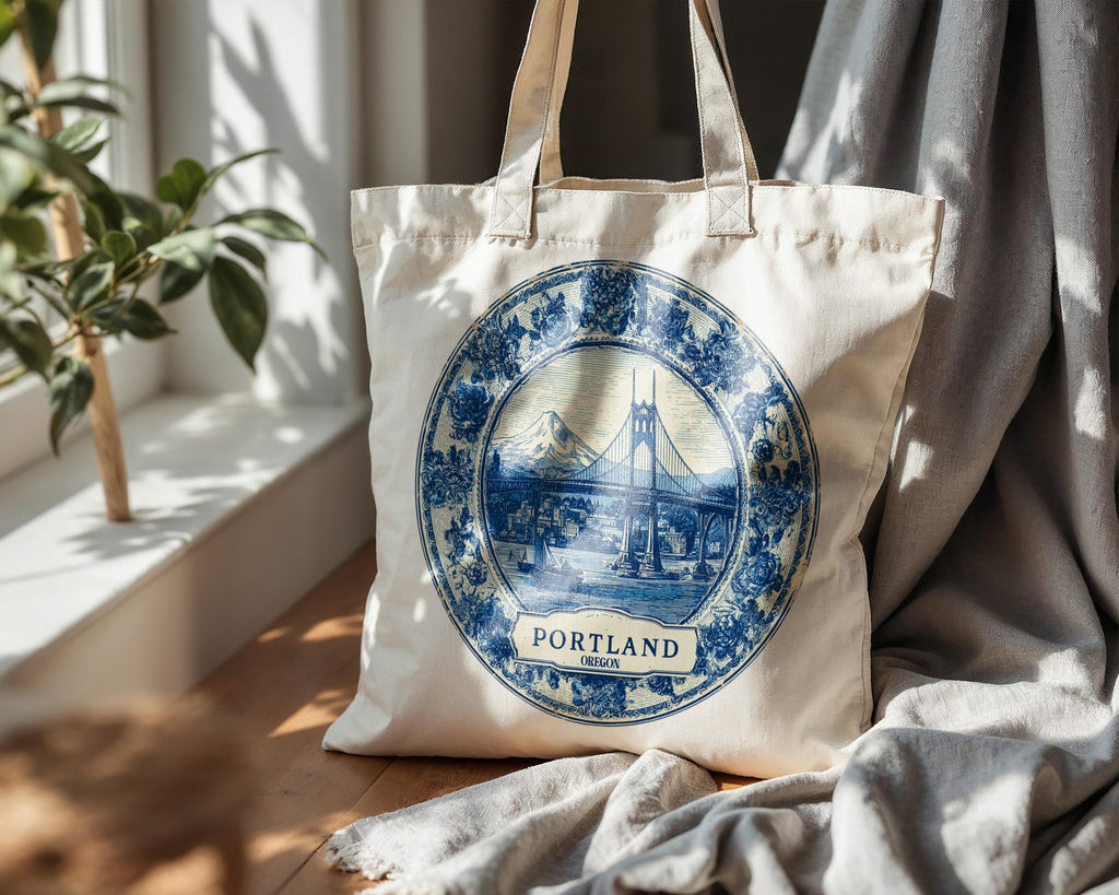Portland Oregon Tote Bag, Delft Style Personalized Destination, City Wedding Gift Souvenir Cotton