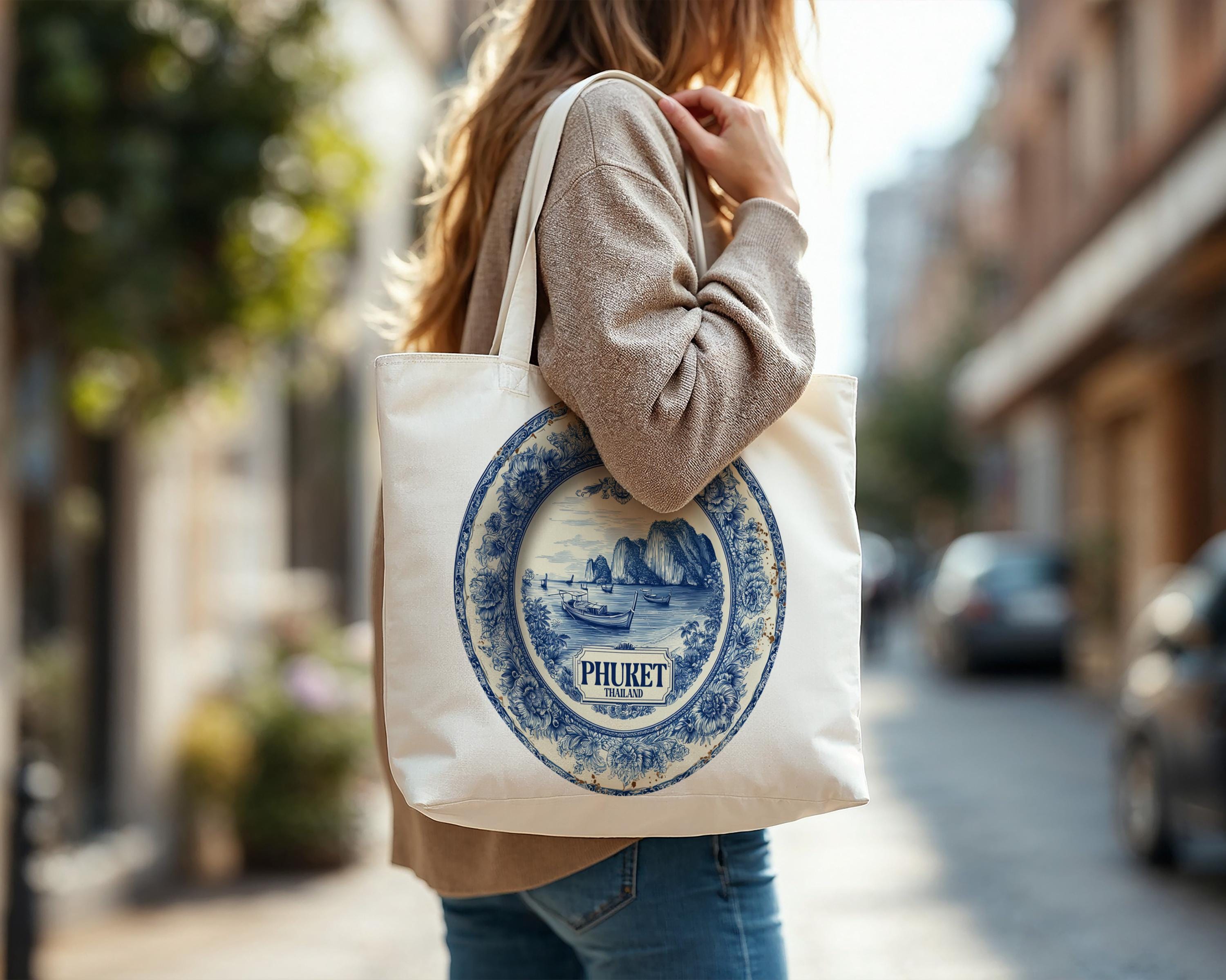 Phuket Thailand Tote Bag, Delft Style Personalized Destination, City Wedding Gift Souvenir Cotton