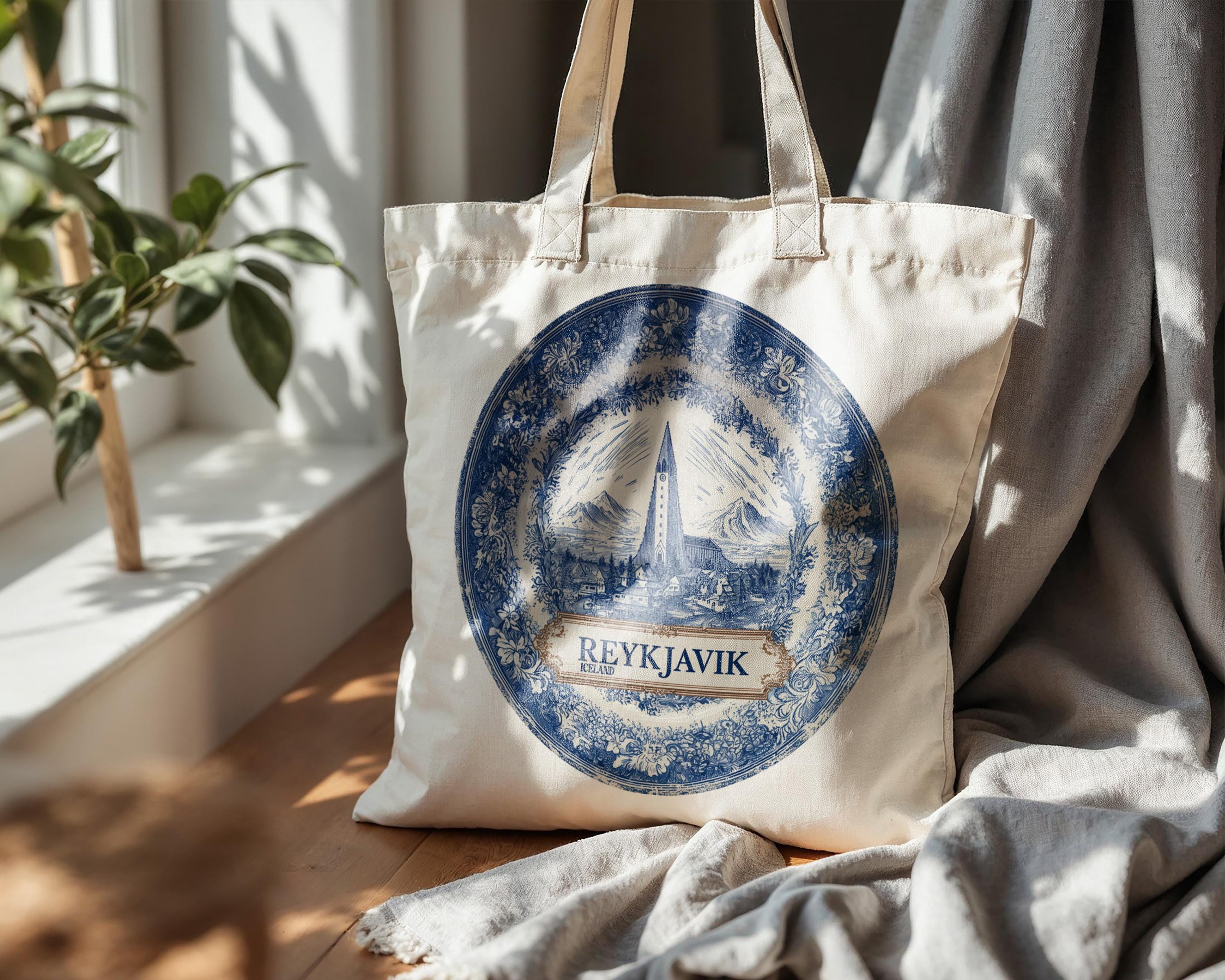 Reykjavik Iceland Tote Bag, Delft Style Personalized Destination, City Wedding Gift Souvenir Cotton