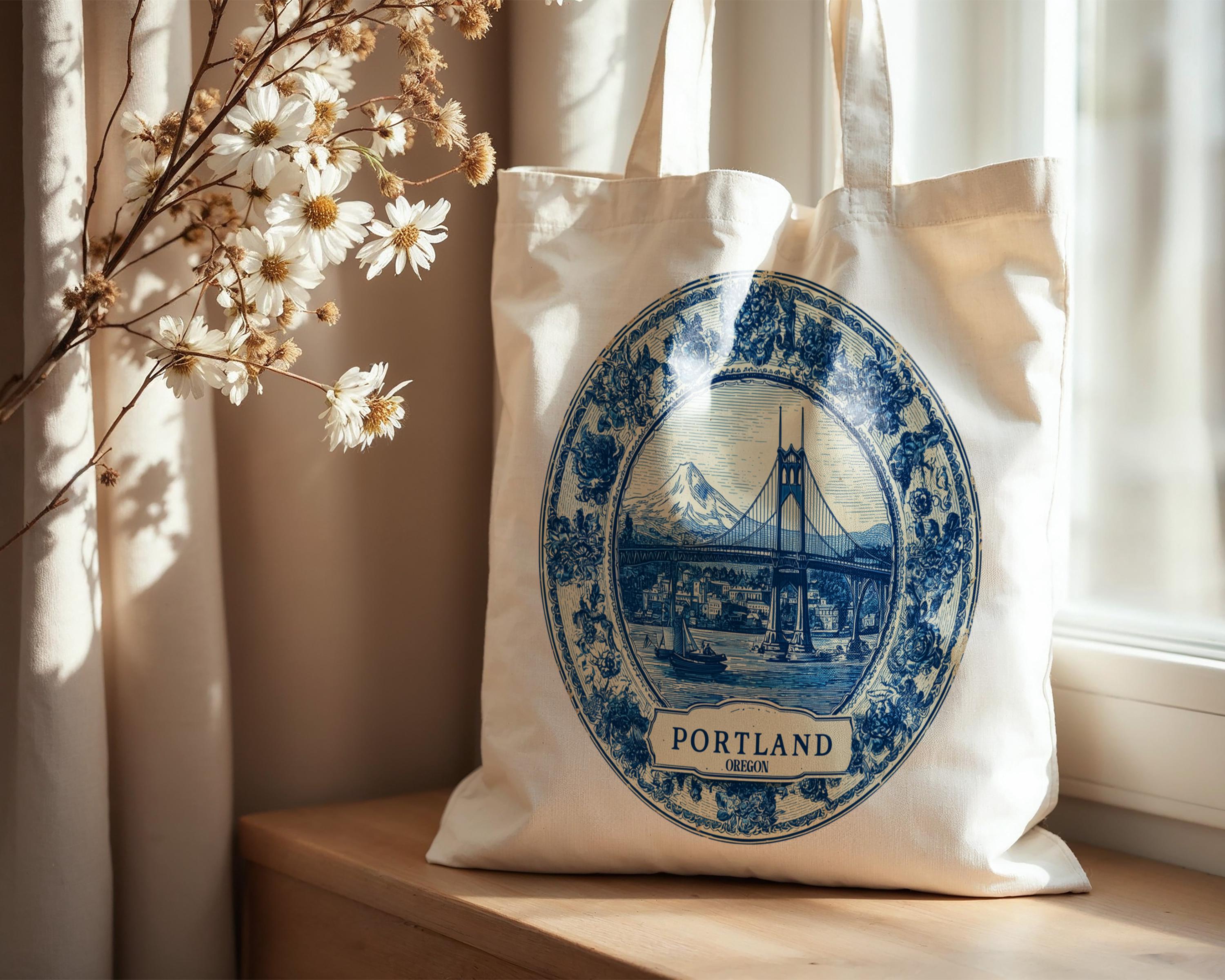 Portland Oregon Tote Bag, Delft Style Personalized Destination, City Wedding Gift Souvenir Cotton
