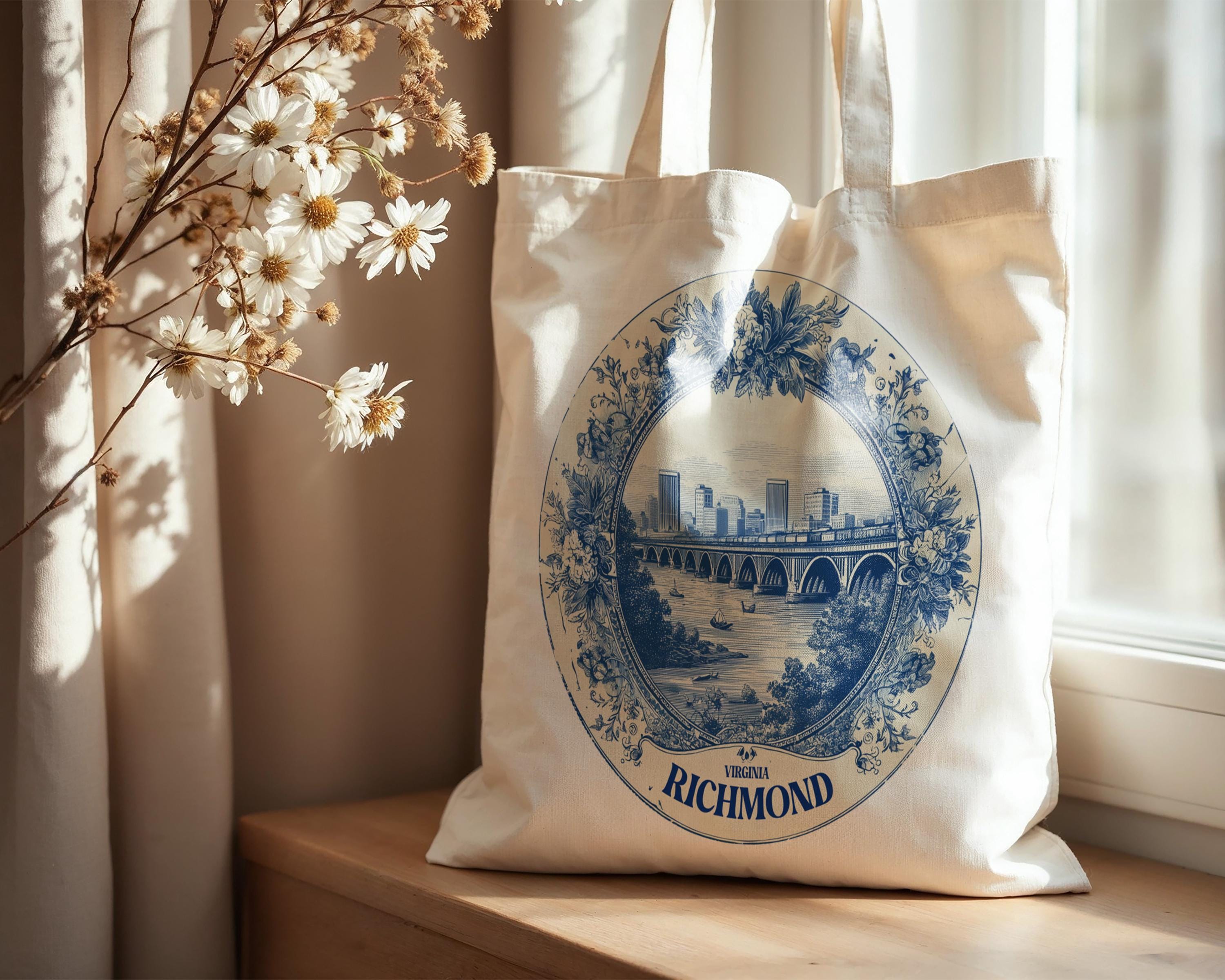 Richmond Virginia Tote Bag, Delft Style Personalized Destination, City Wedding Gift Souvenir Cotton