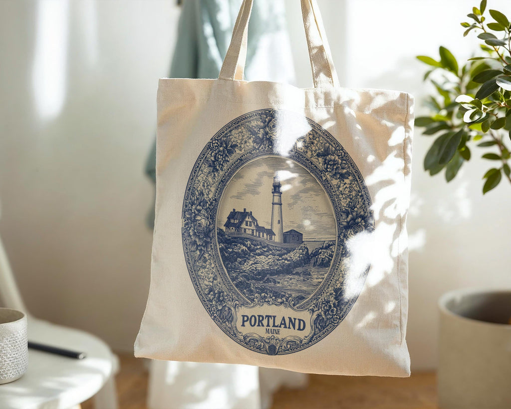 Portland Maine Tote Bag, Delft Style Personalized Destination, City Wedding Gift Souvenir Cotton