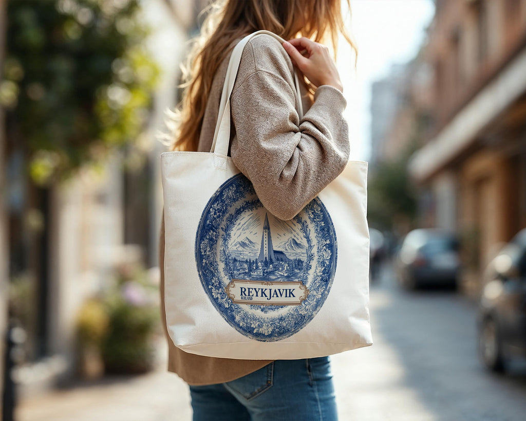 Reykjavik Iceland Tote Bag, Delft Style Personalized Destination, City Wedding Gift Souvenir Cotton