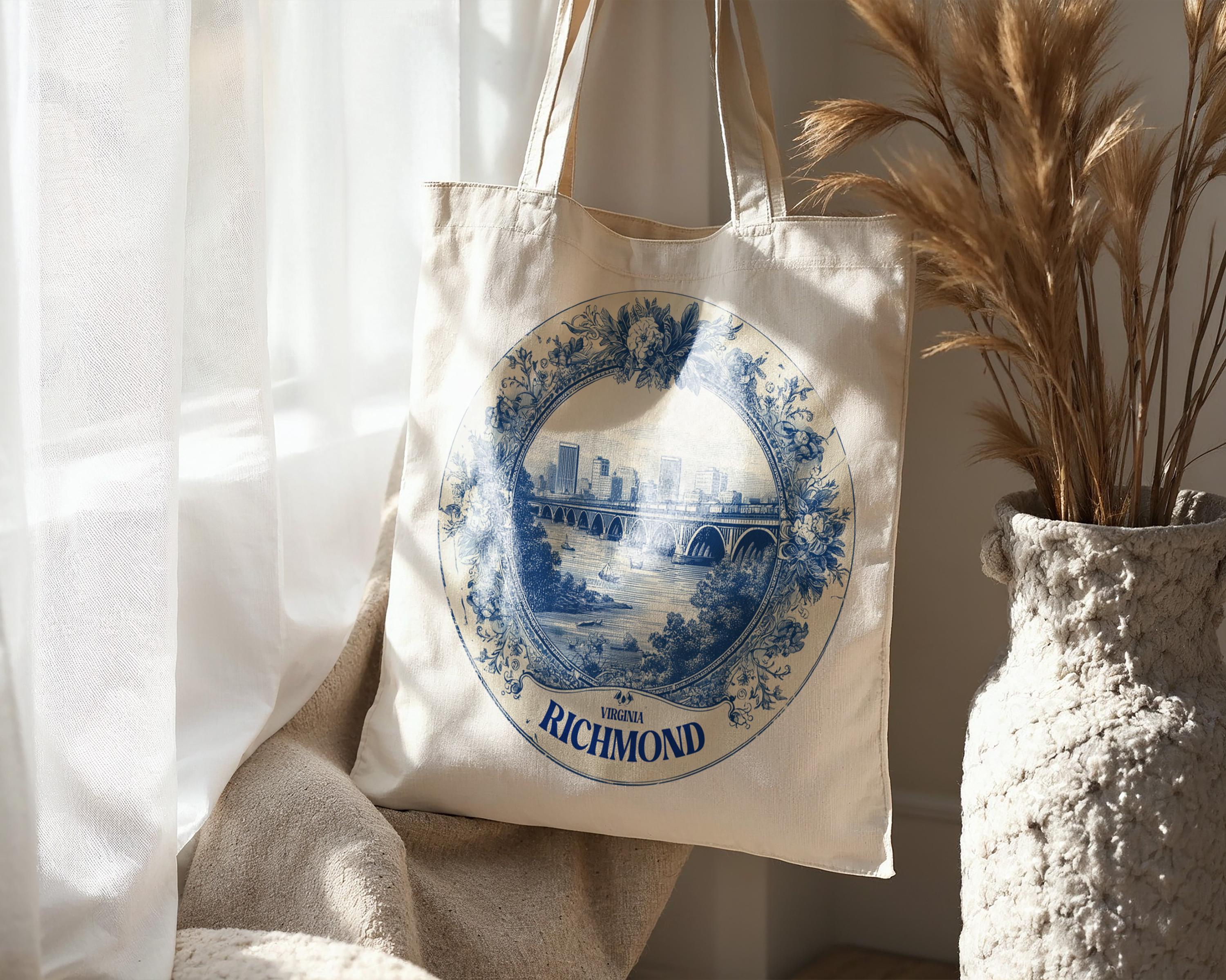 Richmond Virginia Tote Bag, Delft Style Personalized Destination, City Wedding Gift Souvenir Cotton