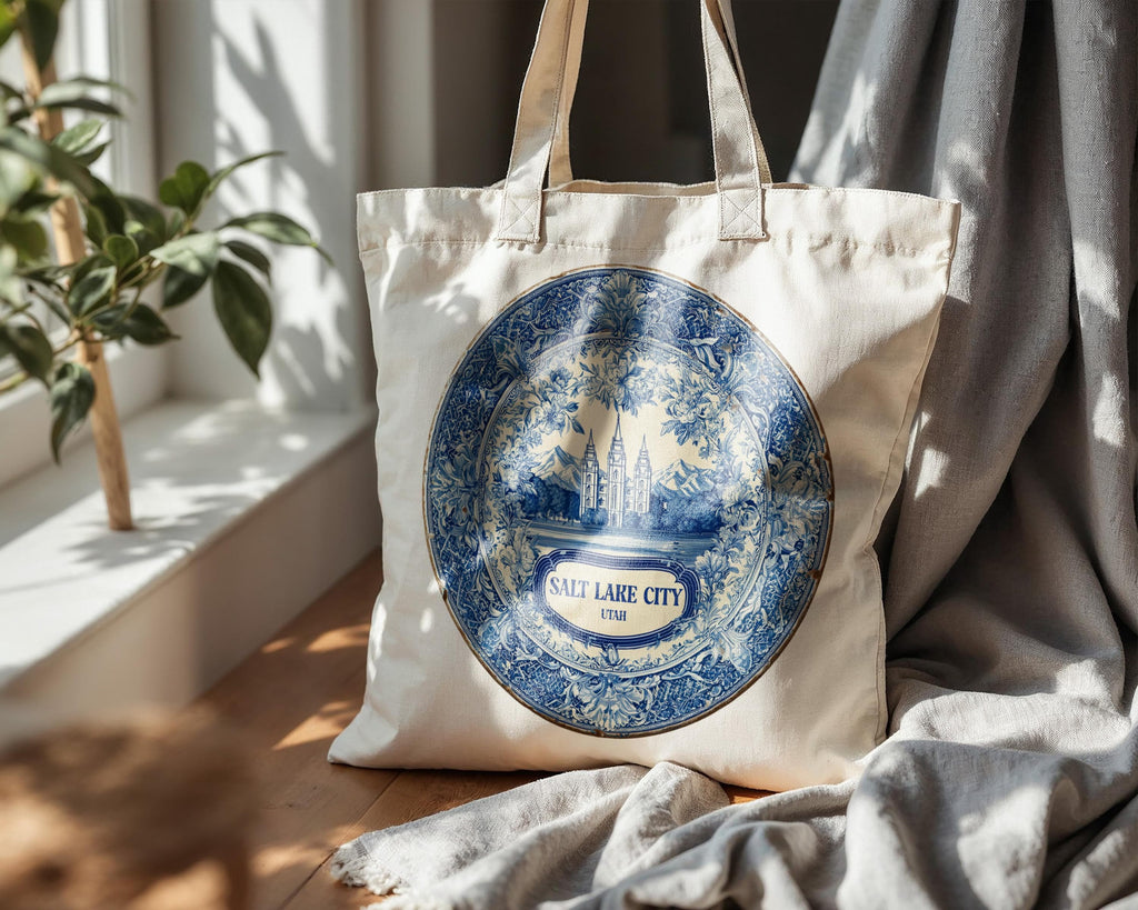 Salt Lake City Utah Tote Bag, Delft Style Personalized Destination, City Wedding Gift Souvenir Cotton