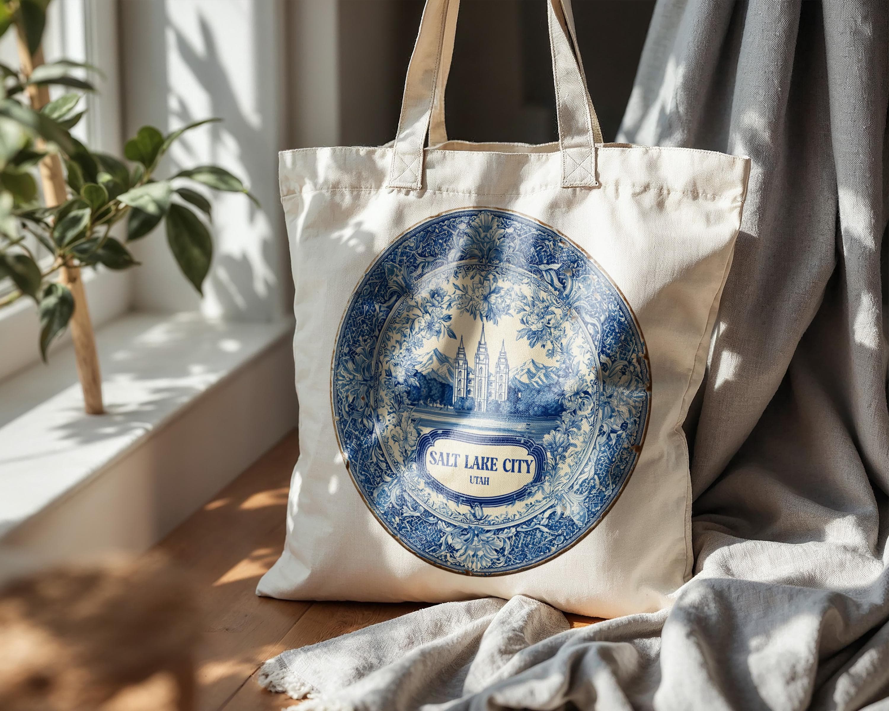 Salt Lake City Utah Tote Bag, Delft Style Personalized Destination, City Wedding Gift Souvenir Cotton