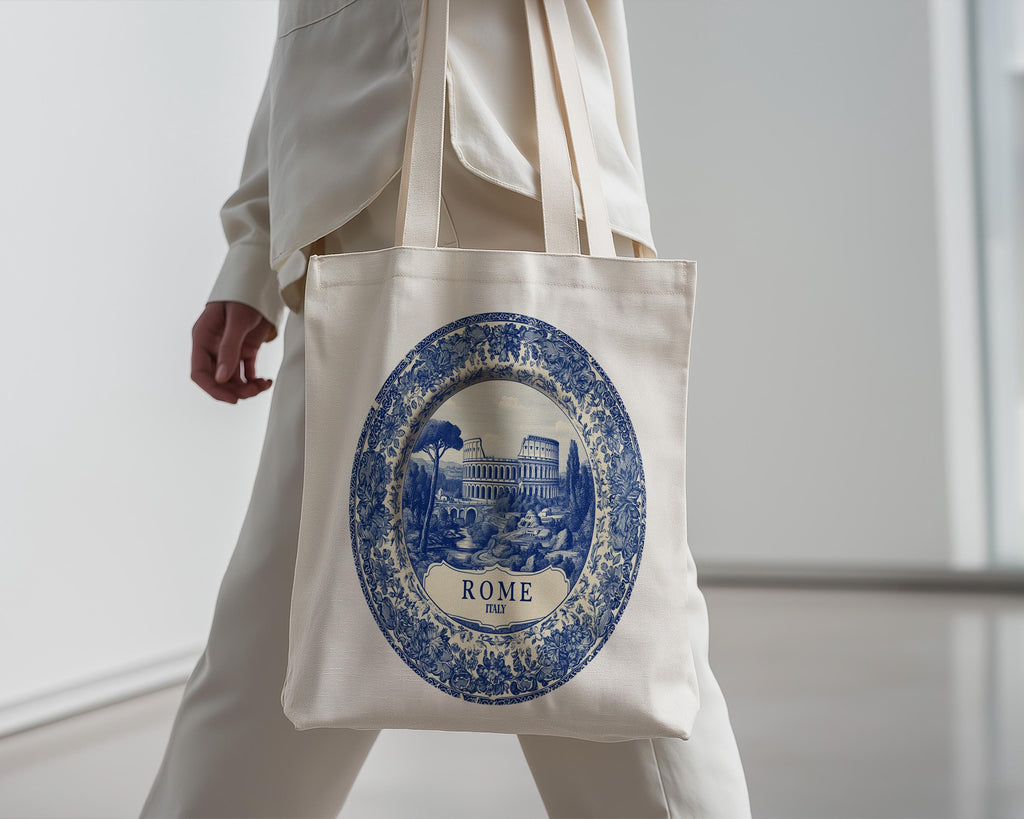 Rome Italy Tote Bag, Delft Style Personalized Destination, City Wedding Gift Souvenir Cotton